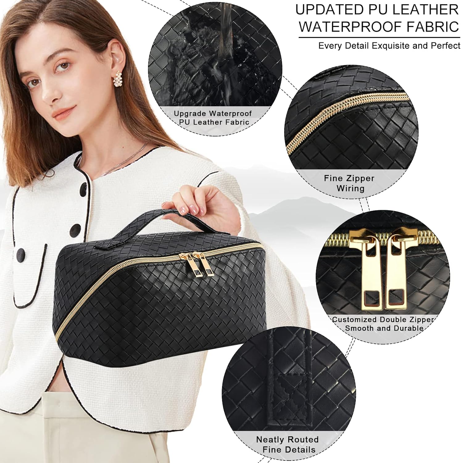Bolsa de maquillaje mejorada de gran capacidad, bolsa de cosméticos de viaje para mujeres, bolsas de cosméticos portátiles impermeables con asa y