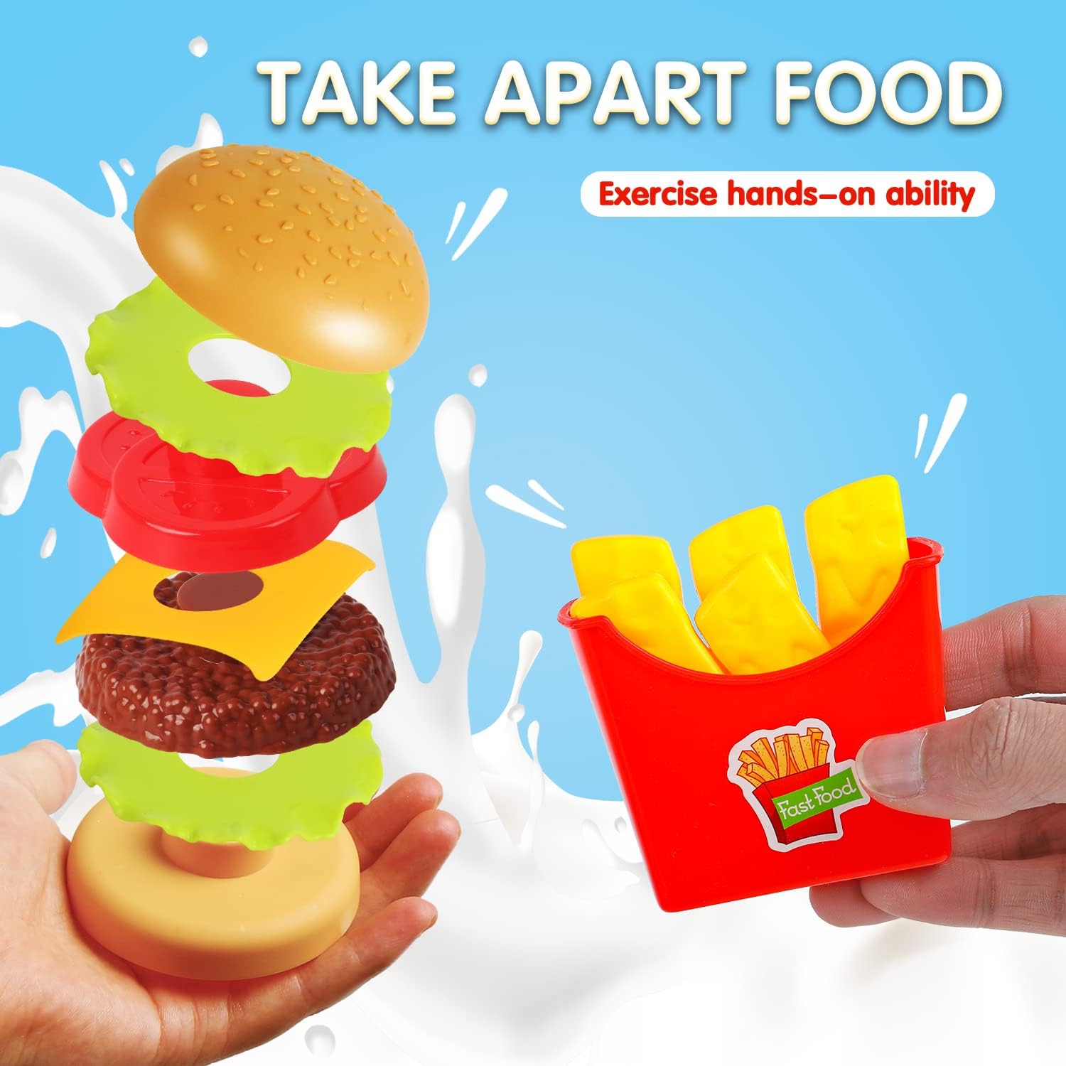 FINGOOO Juego de comida de simulación, hamburguesas fritas, pizza, palomitas de maíz, juguetes de rol, regalo educativo para niños y niñas