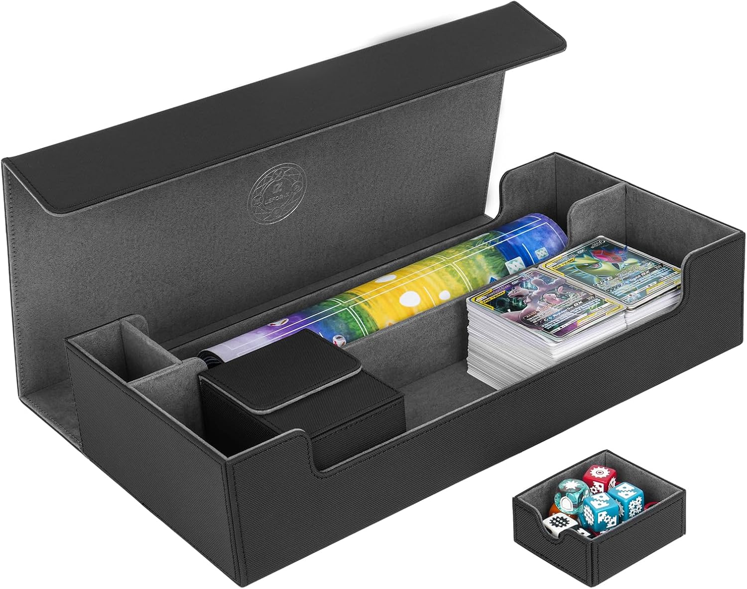 Caja de cartas extra grande, caja de almacenamiento para juegos de cartas de alta calidad, se adapta a 5 mazos con funda de alfombrilla y
