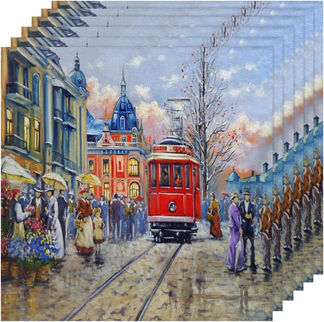 Cloth Napkins Set of 6 Paris Streets 20×20 Inch Cloth Napkins Oil Painting Washable Reusable Kitchen Dinner Napkins Table Decor for Wedding, Holiday