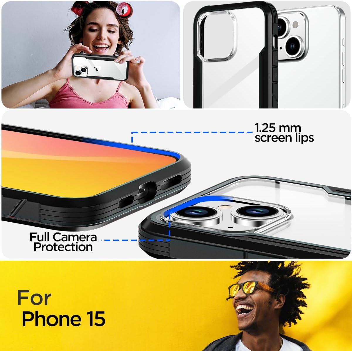 AICase Funda para iPhone 15 de titanio a prueba de golpes, transparente, de grado militar, prueba de caídas de 20 pies, marco de aluminio duradero,