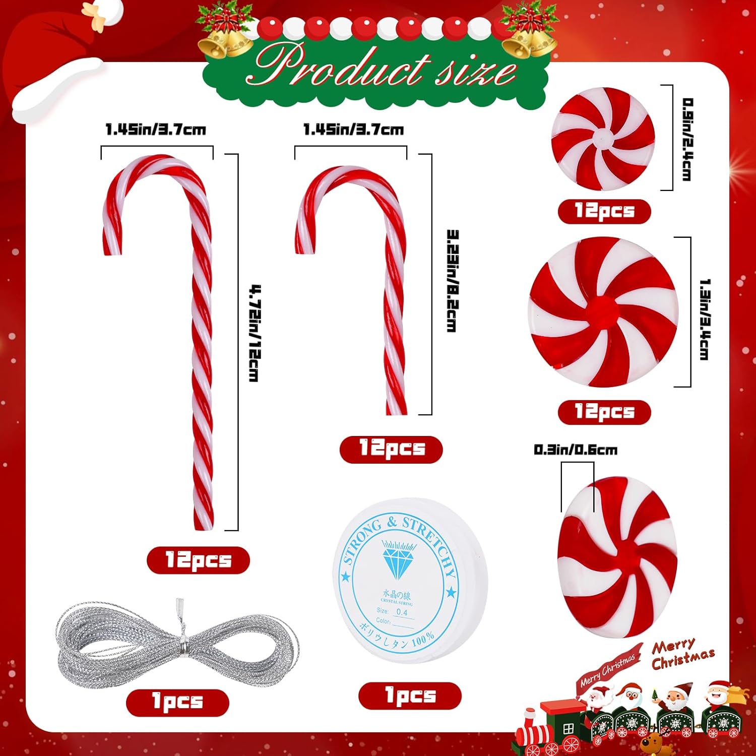 48 adornos colgantes de bastón de caramelo de Navidad, guirnalda de remolinos de caramelo, decoraciones de árbol de Navidad, bastón de caramelo de