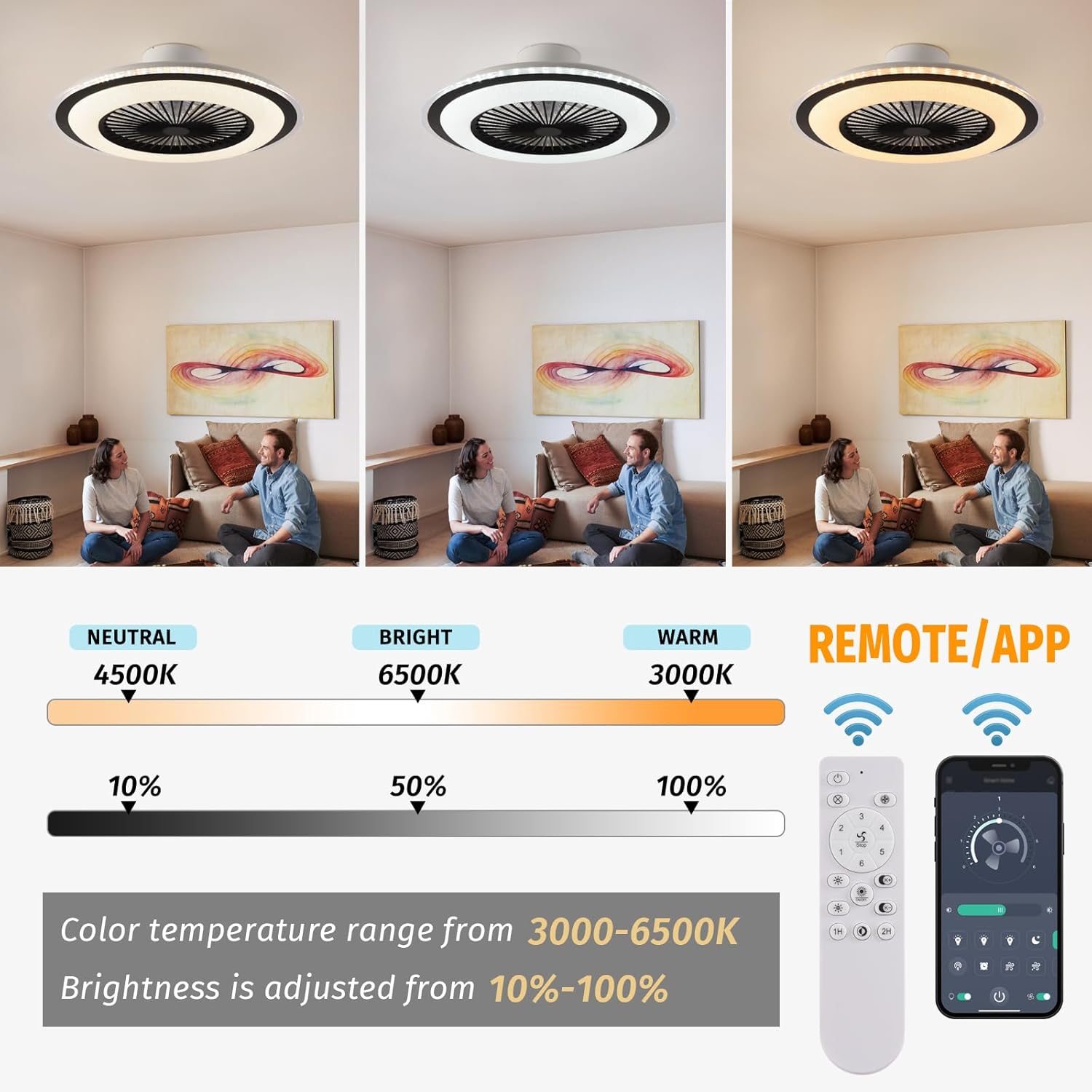 MDZHYA Ventilador de techo de perfil bajo con luces, ventiladores de techo sin aspas de 24 pulgadas, control remoto, ventilador de techo inteligente