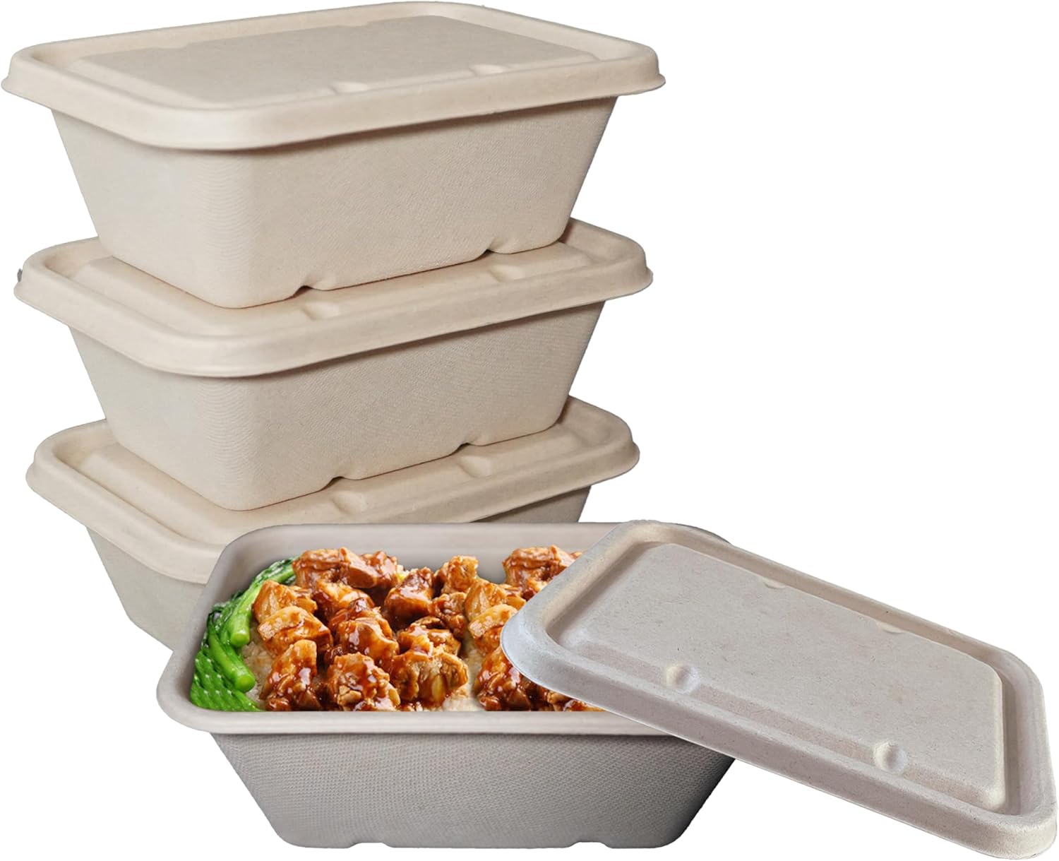 Cuencos desechables de 34 onzas con tapas de fibra, cuencos rectangulares de papel biodegradable de fibra de caña de azúcar compostable ecológicos