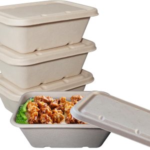 Cuencos desechables de 34 onzas con tapas de fibra, cuencos rectangulares de papel biodegradable de fibra de caña de azúcar compostable ecológicos Cuencos desechables de 34 onzas con tapas de fibra, cuencos rectangulares de papel biodegradable de fibra de caña de azúcar compostable ecológicos