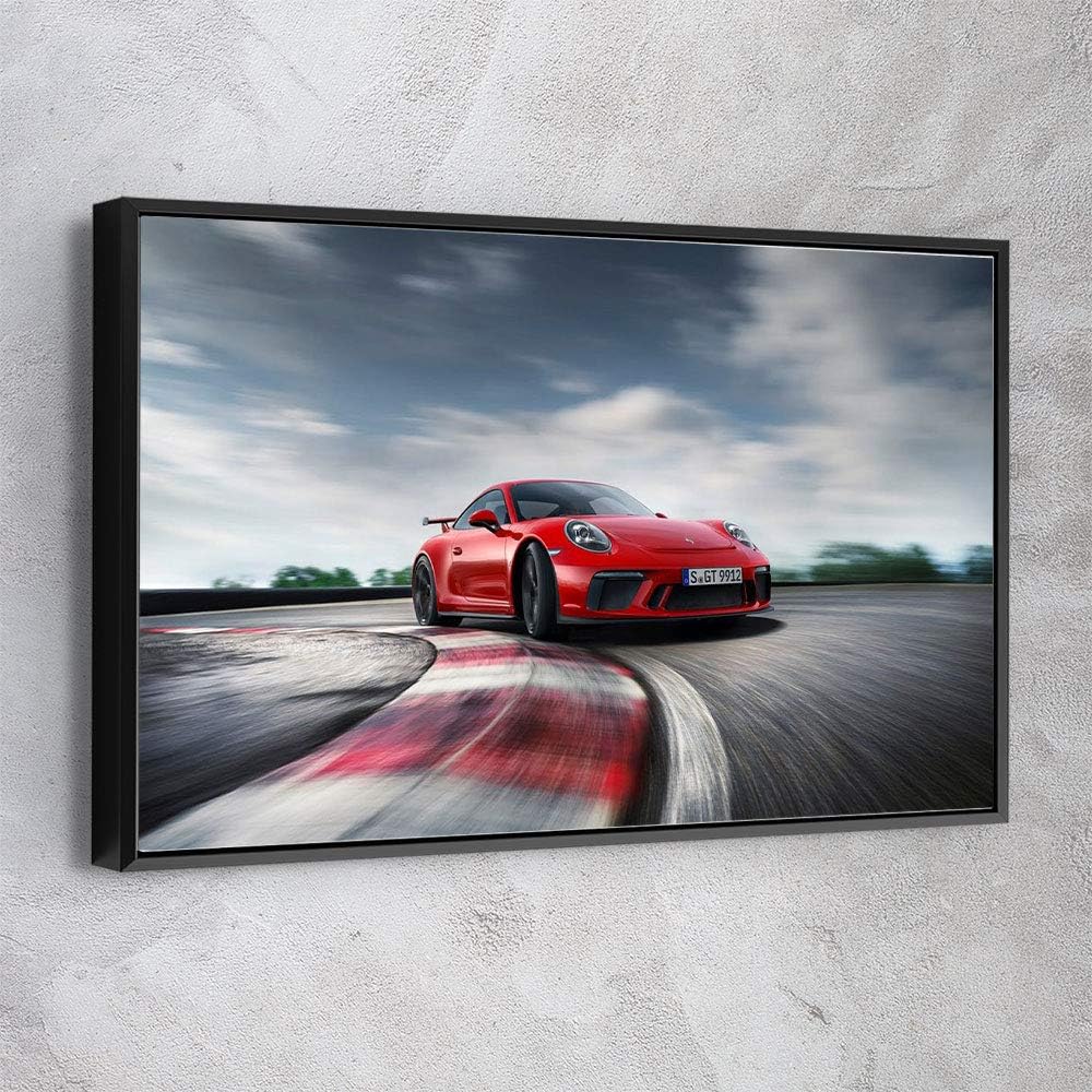 “AWESOMETIK” Porsche 911 GT3 – Lienzo decorativo para el hogar, listo para colgar, fabricado en Estados Unidos (36 x 24 pulgadas, marco negro