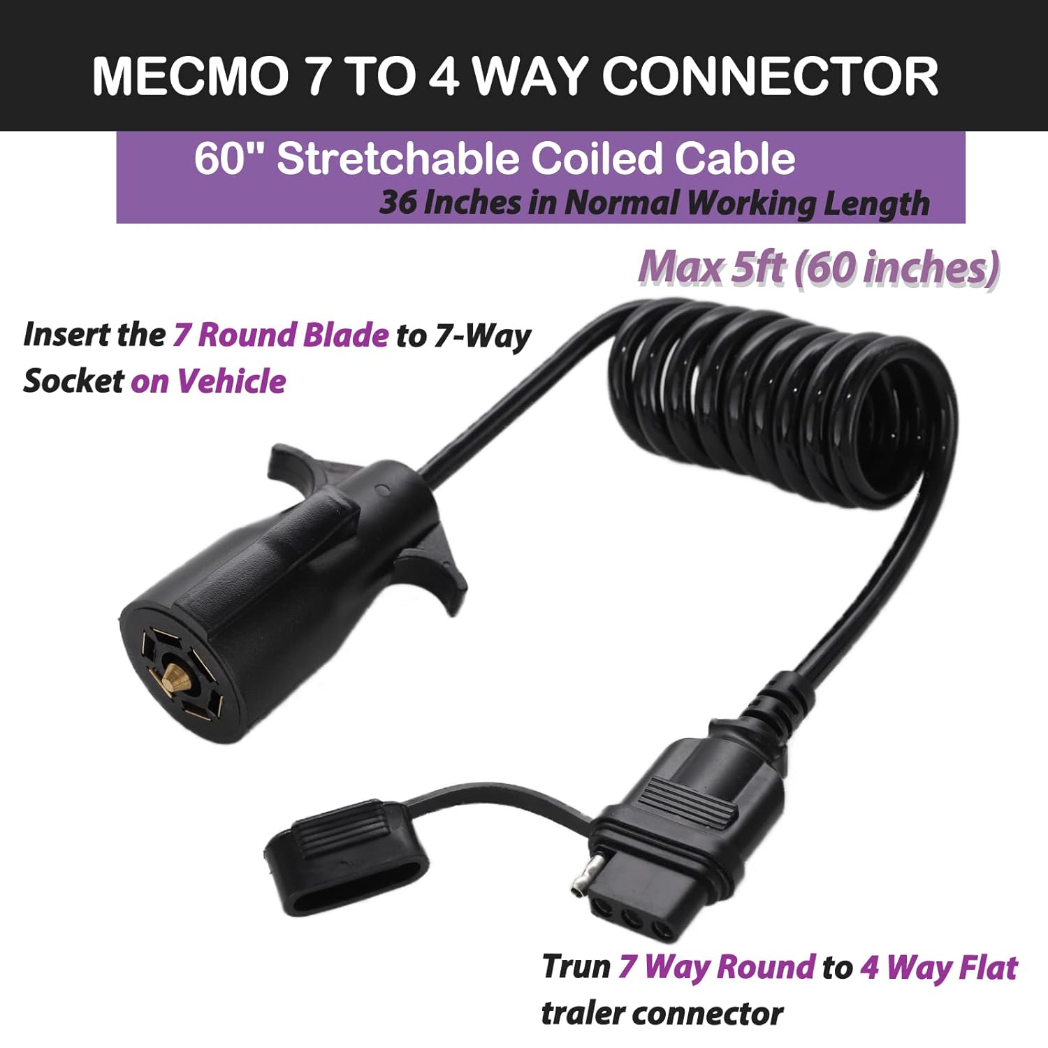 MECMO Adaptador de remolque plano de 7 vías a 4 vías, arnés de cableado en espiral macho de 5 pies de 7 pines a 4 pines, cable de extensión de