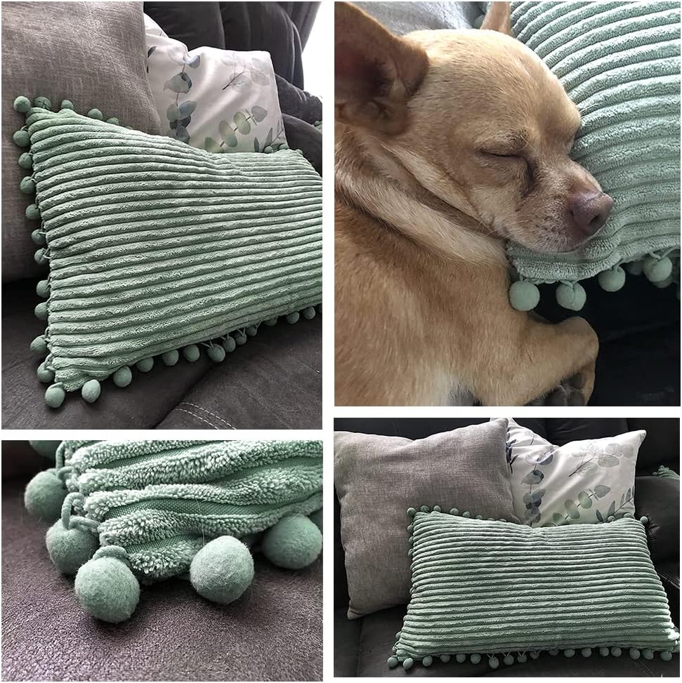 Fancy Homi – Paquete de 2 fundas de cojines, de pana suave y decorativas, con pompones, cuadradas, de color liso, fundas de cojines para sofá,