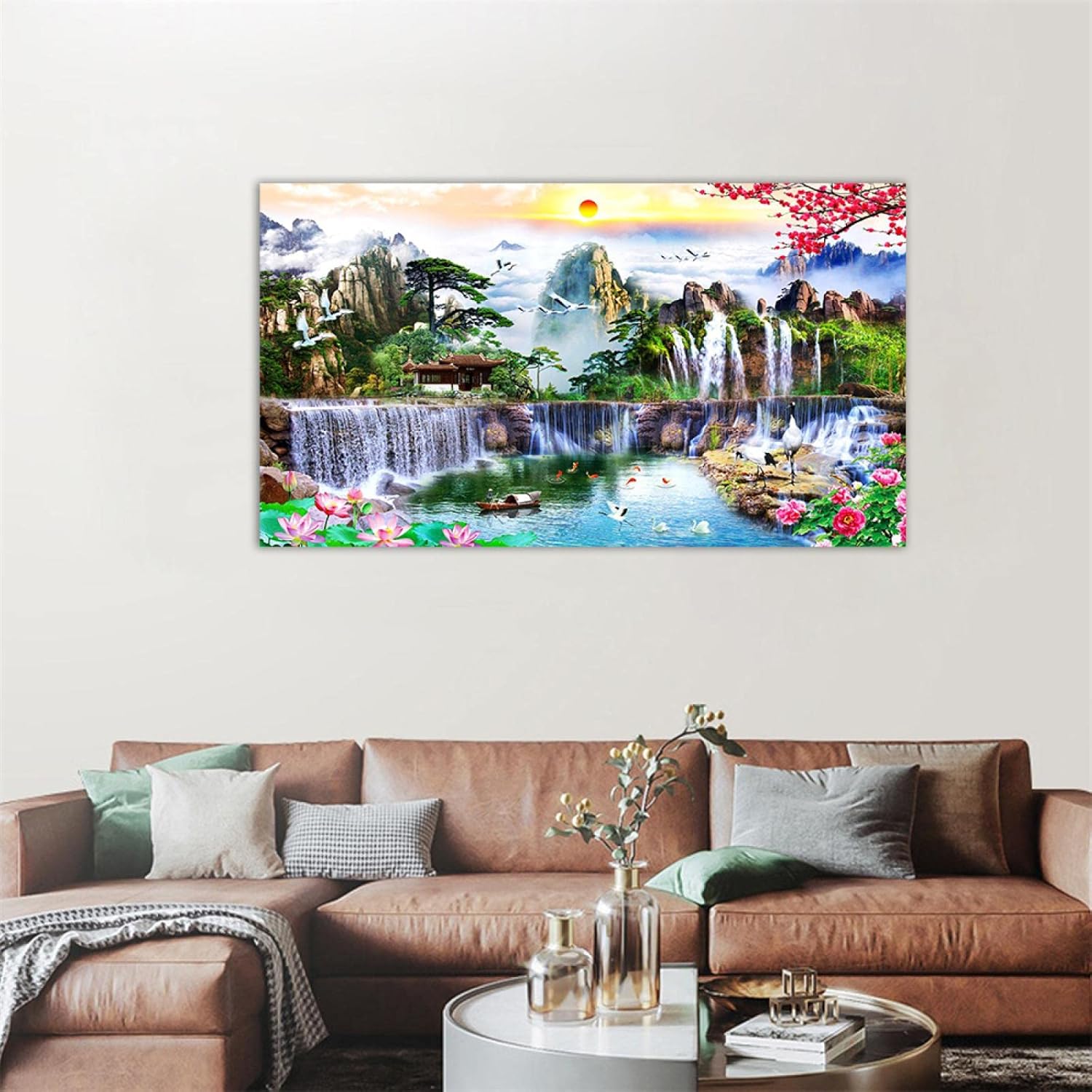 NOLEGA Lienzo decorativo para pared, cuadro de paisaje, flor de cascada de montaña de estilo chino, impresión de naturaleza sobre lienzo, póster e