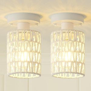 Paquete de 2 lámparas de techo de ratán de montaje empotrado, cerca del techo con pantalla de ratán, lámpara colgante bohemia tejida a mano para Paquete de 2 lámparas de techo de ratán de montaje empotrado, cerca del techo con pantalla de ratán, lámpara colgante bohemia tejida a mano para