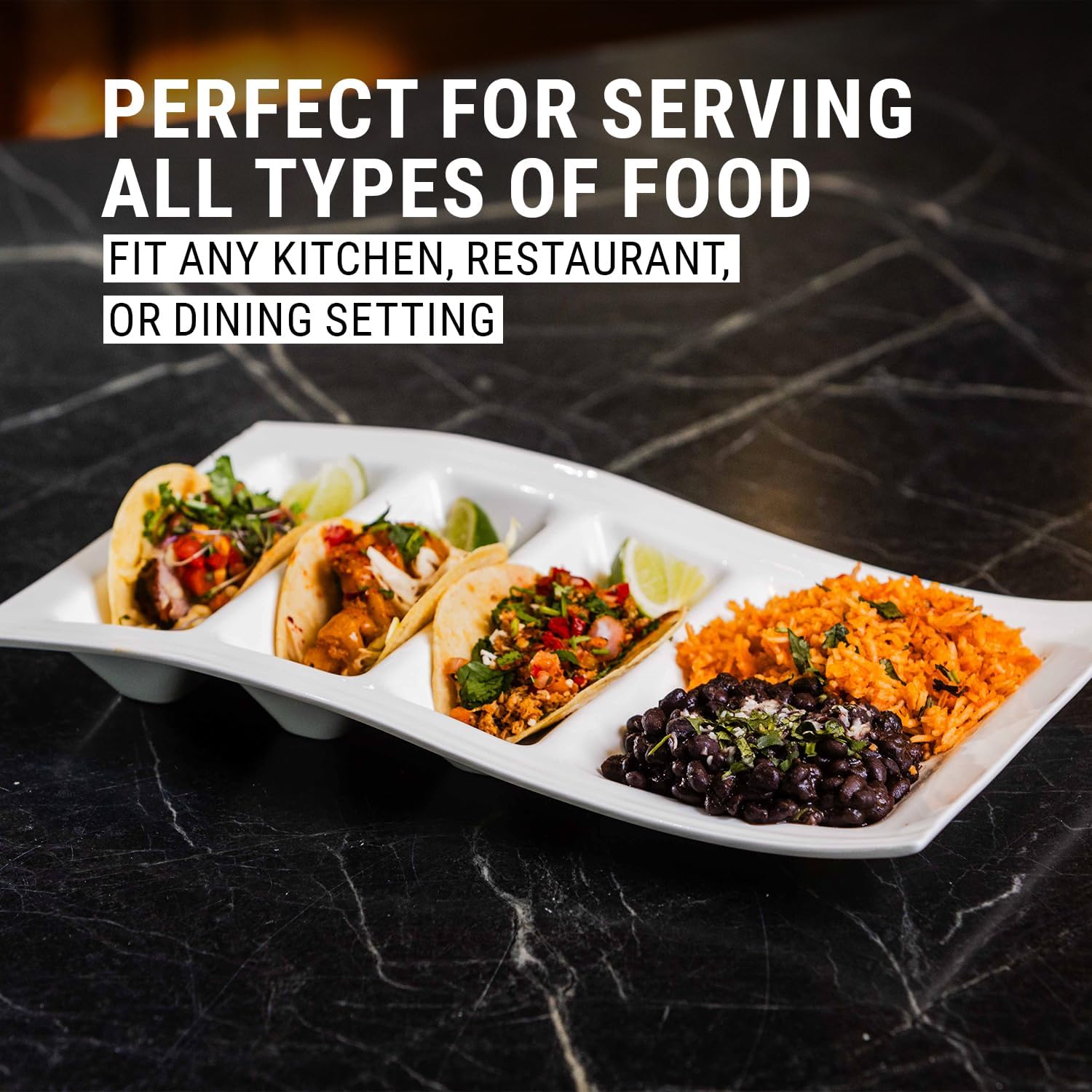 GUYTRENDz Plato apilable para servir tacos con divisores, elegante soporte para tacos de China con 3 ranuras y 1 sección plana, plato de cena