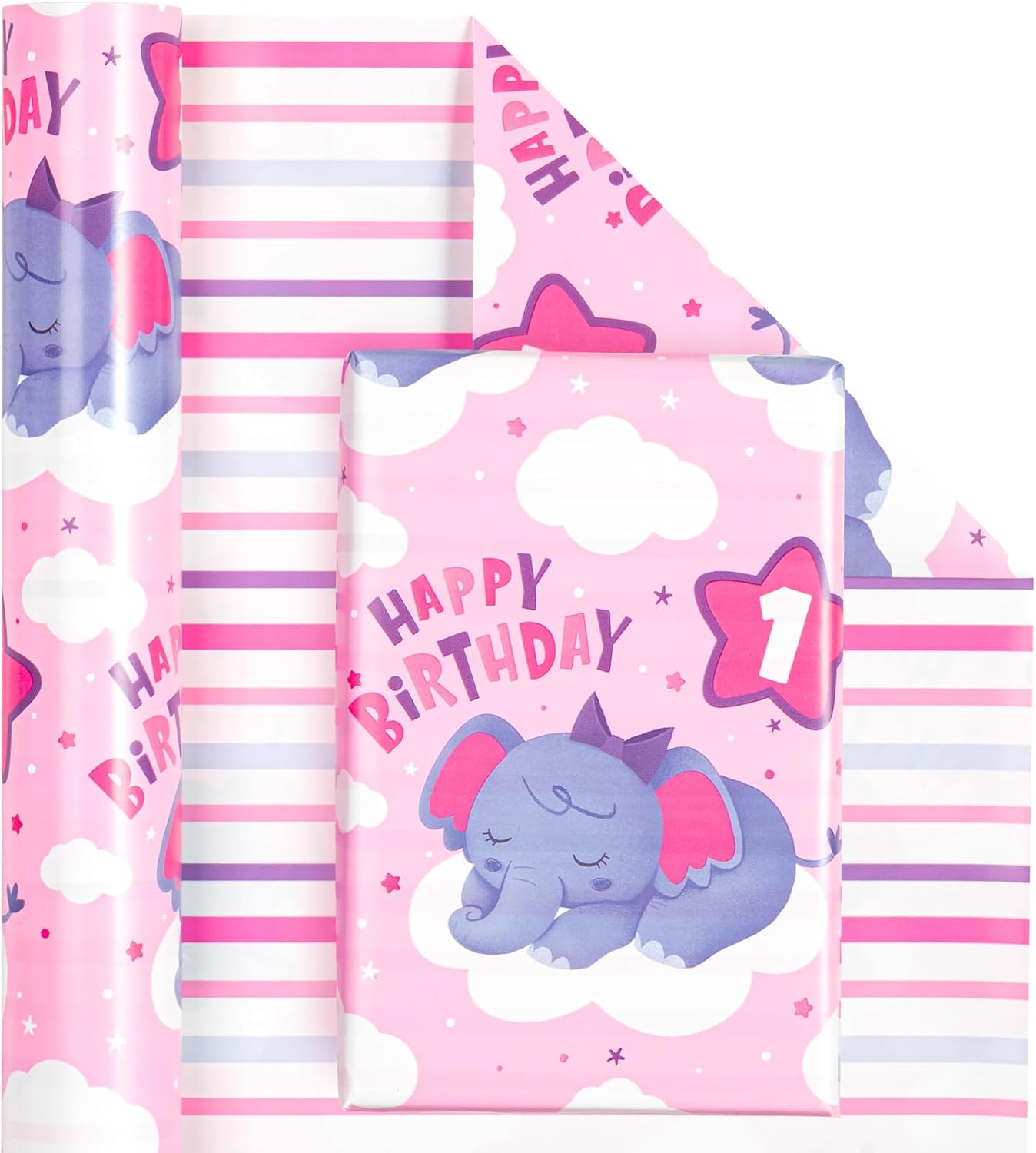 WRAPAHOLIC Papel de regalo reversible de primer cumpleaños, mini rollo, 17 pulgadas x 33 pies, adorable diseño de elefante de feliz cumpleaños para