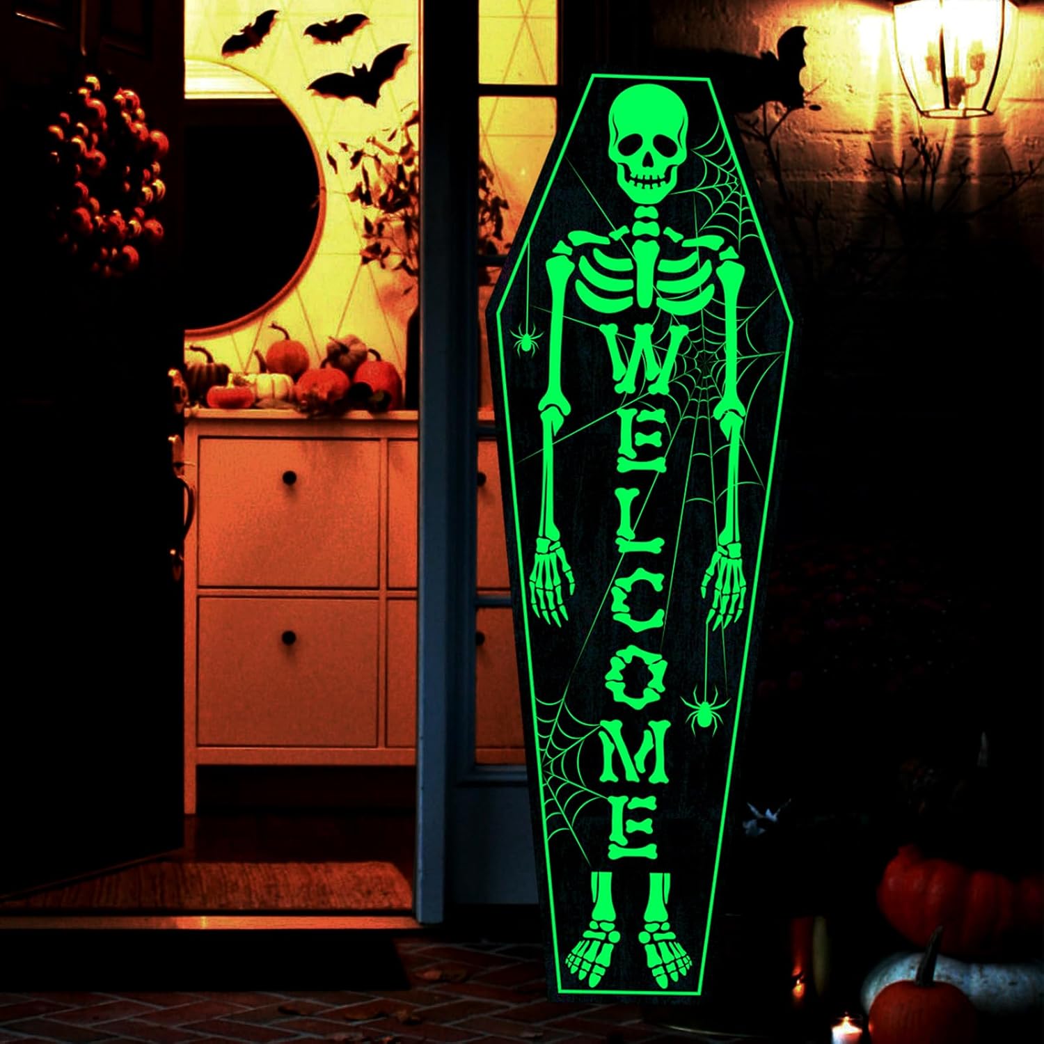 Decoraciones de Halloween para exteriores que brillan en la oscuridad gran esqueleto de ataúd aterrador, letrero de bienvenida para porche delantero