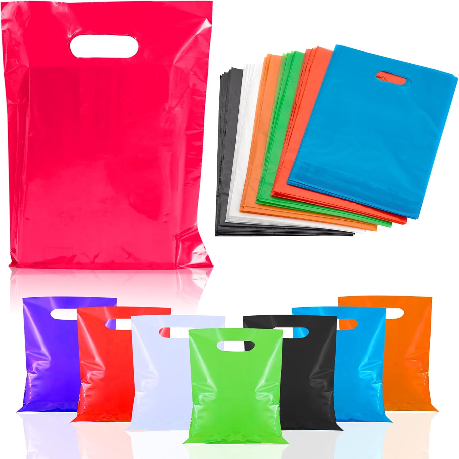 Playbees Bolsas de plástico pequeñas de colores brillantes con asas troqueladas en varios colores, paquete de 50 bolsas de comestibles de 8.75 x 12