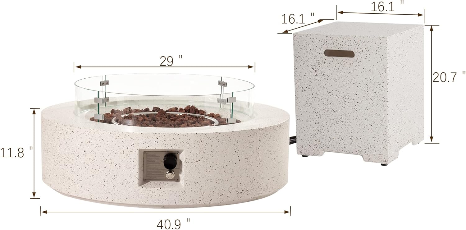 SUNBURY Mesa de fuego de propano para exteriores de 41 pulgadas, 50,000 BTU manchada blanca para patio con protector de viento de vidrio, mesa de