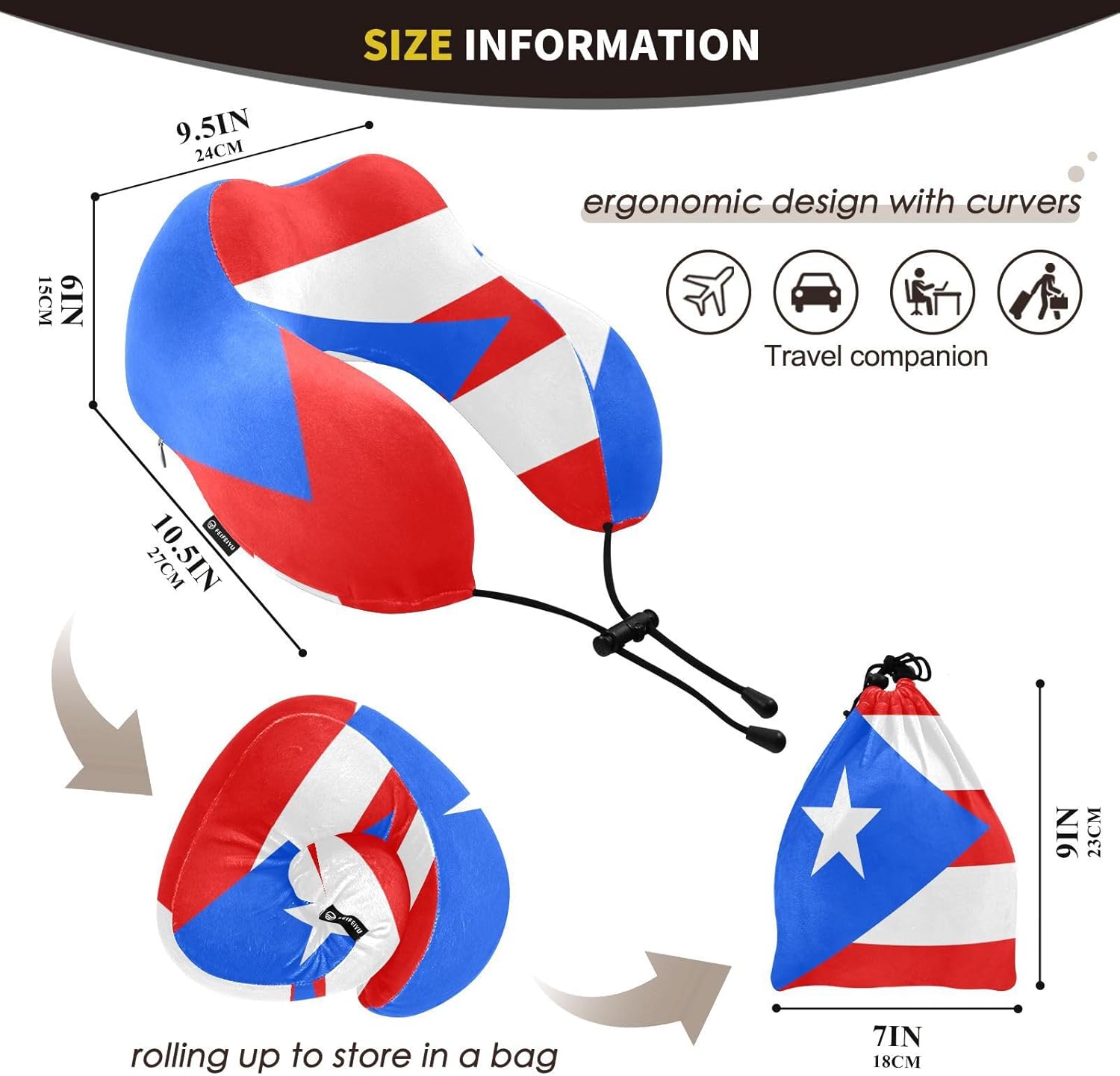 ZOEO Almohada de viaje para cabeza de cuello, bandera de Puerto Rico, acolchado de espuma viscoelástica, para dormir, avión, trenes, coches,