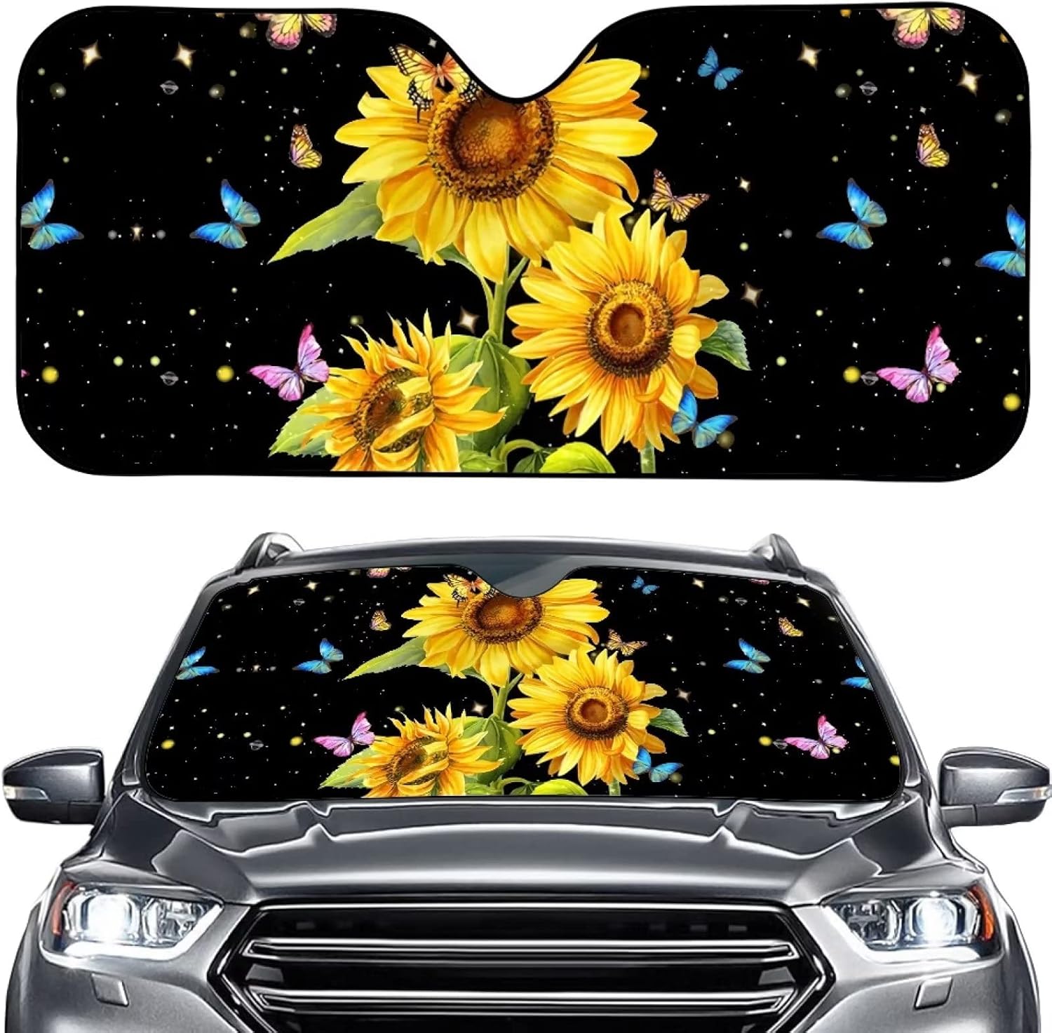 Parasol para parabrisas de automóvil con estampado de mariposas y girasoles, mantiene el vehículo fresco, protege tu automóvil del calor solar y el