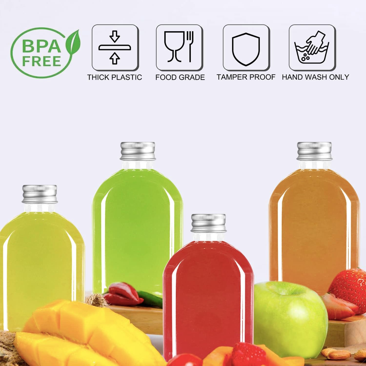Botellas de plástico con tapas, paquete de 24 botellas transparentes para jugo, botella de agua plana, botella de plástico reutilizable, mini