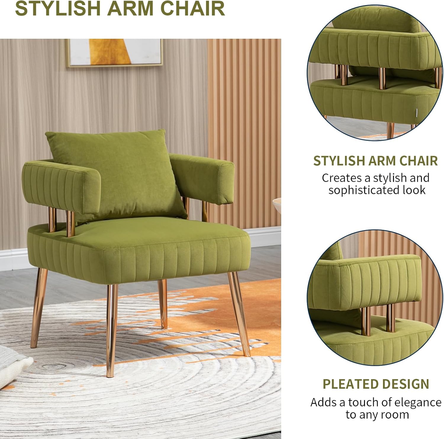 Sillón moderno y decorativo, cómodo sillón tapizado de terciopelo con almohada, respaldo abierto con patas doradas, sillón de lectura para sala de