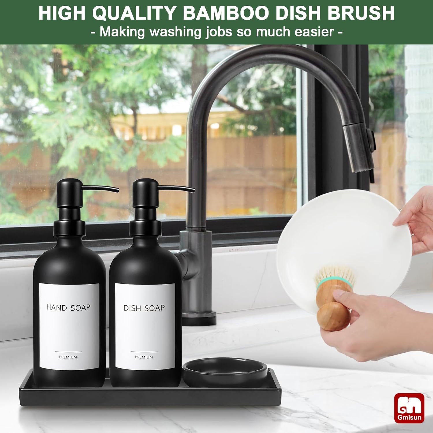 GMISUN – Dispensador de jabón para platos para cocina, dispensador de jabón de manos y platos de 16 onzas con bandeja de cerámica y cepillo de