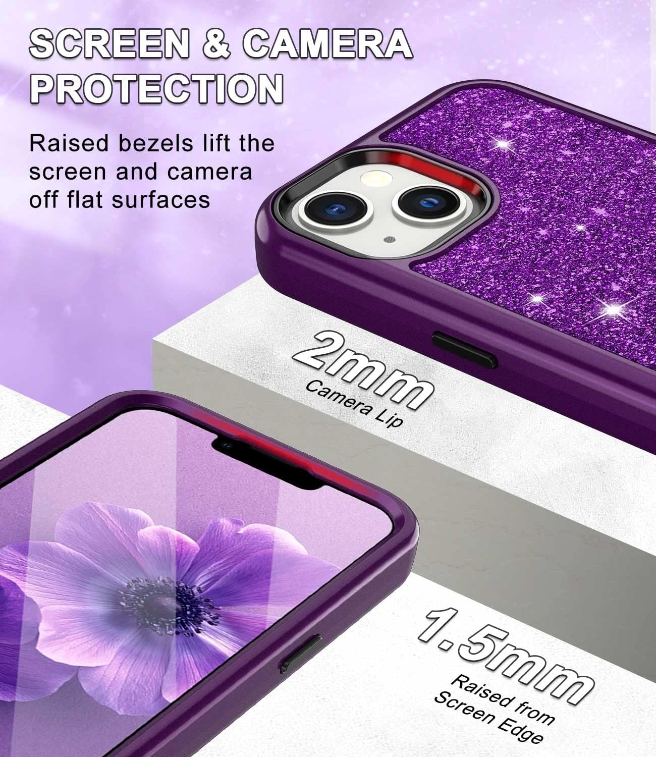 CASEFIV Funda de mármol para iPhone 13, 3 en 1, resistente a los golpes, policarbonato duro y silicona, 6.1 pulgadas, purpurina púrpura oscuro