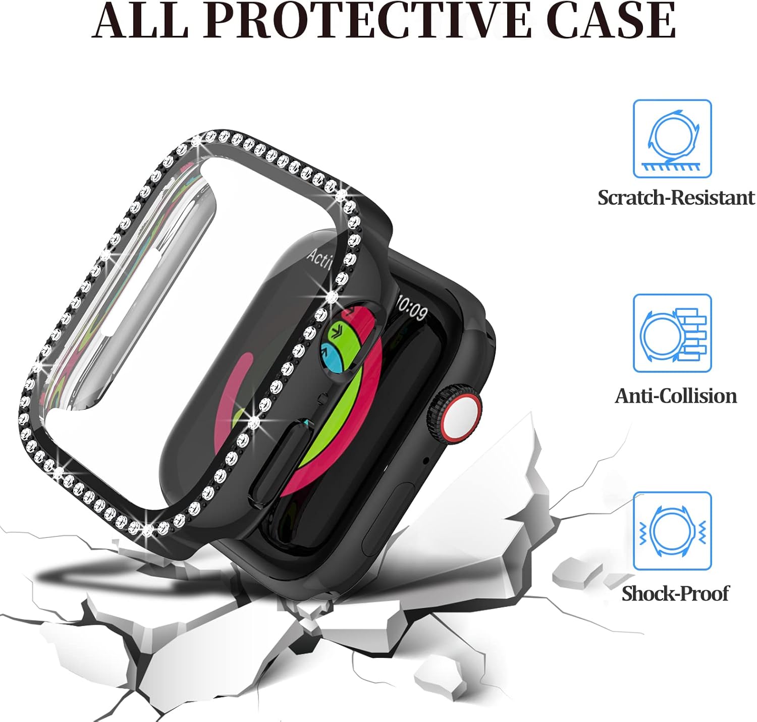 Haojavo Paquete de 5 fundas brillantes para Apple Watch Series 9, 8, 7, 1.77 pulgadas con protector de pantalla de vidrio templado, diamantes de