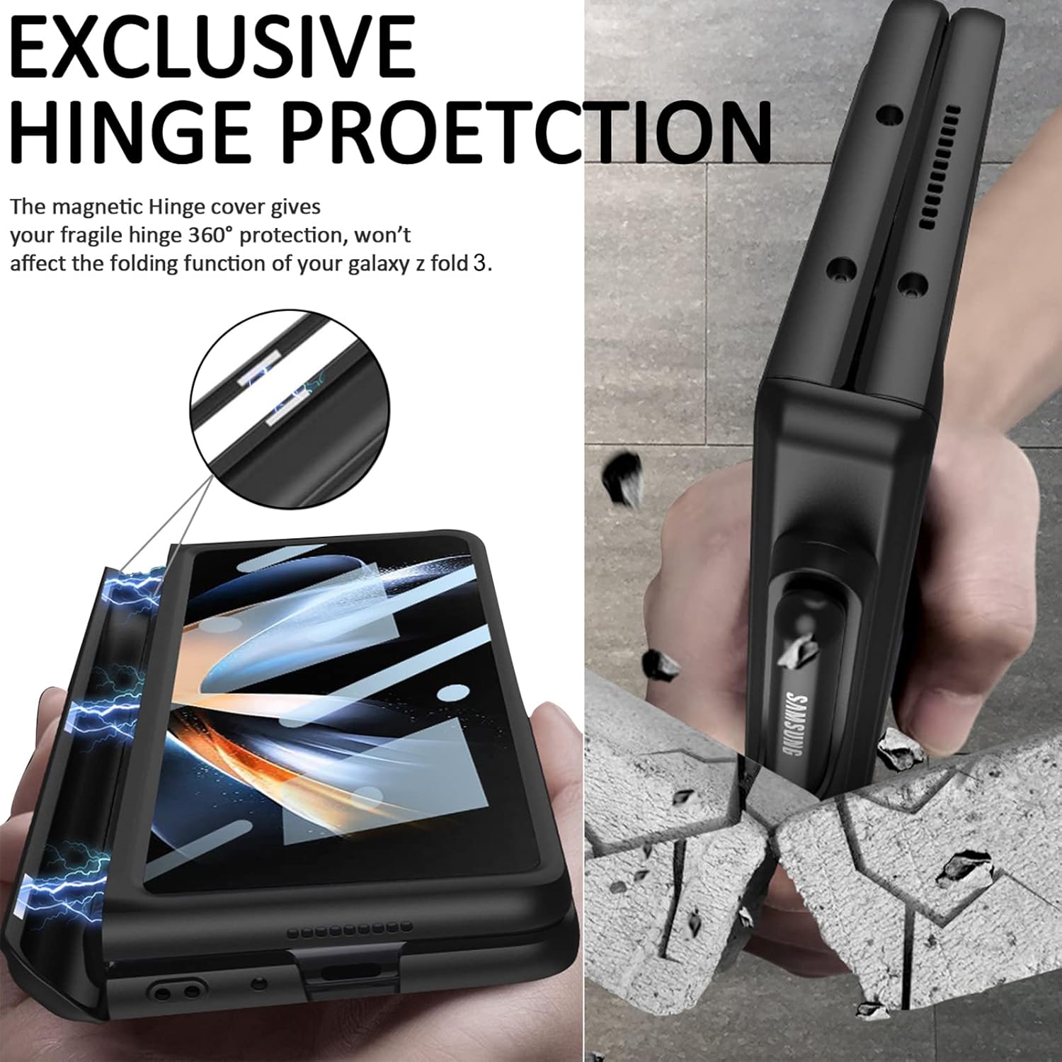 Miimall Funda compatible con Samsung Fold 3 con soporte para bolígrafo S, protector de pantalla integrado, protección magnética de bisagra, soporte