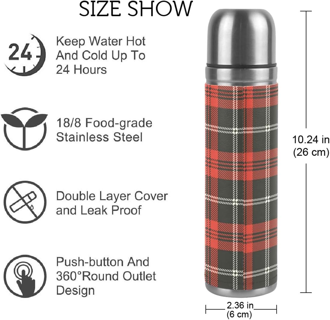 Red Black Plaid Vacuum Thermos Christmas Tartan Check Insulated Water Bottle Stainless Steel Double Wall Flask Bottles, Sports Coffee Travel Mug Cup