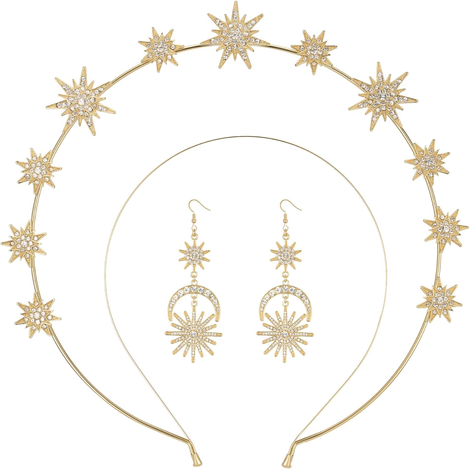 SWEETV Juego de coronas doradas con halo para mujer, tiara de estrella y aretes colgantes, diadema de boda, diadema de diosa para cosplay, disfraz