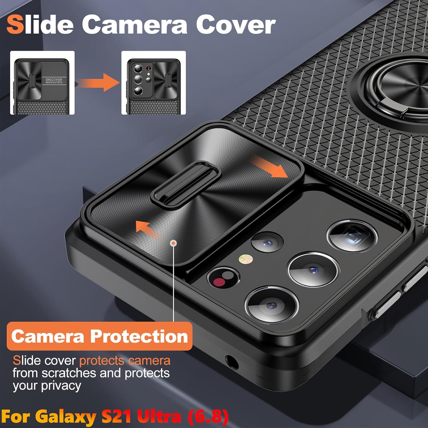 Funda de teléfono con textura antideslizante para Samsung Galaxy S21 Ultra de 6.8 pulgadas, protección de privacidad para cámara deslizante con