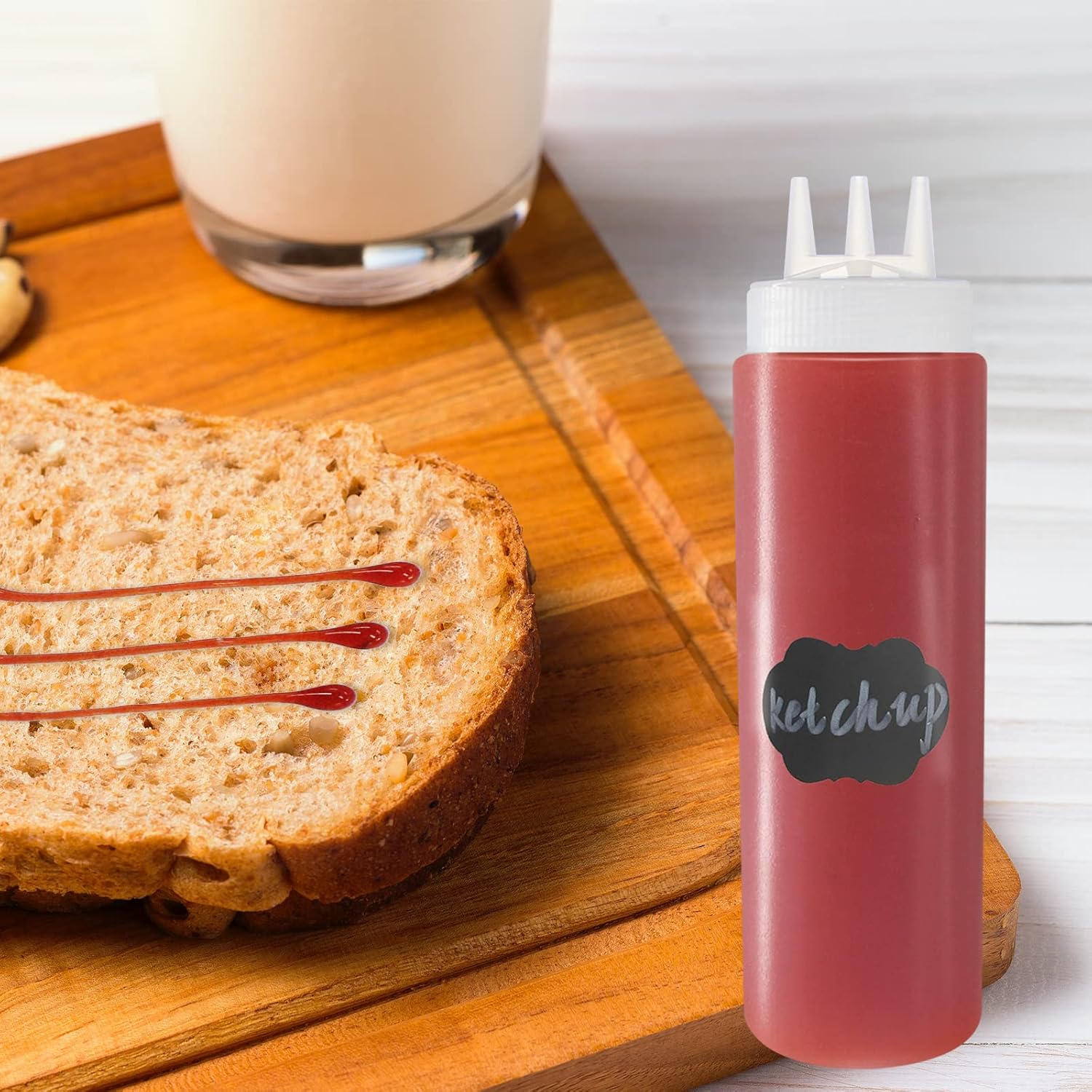 Belinlen Paquete de 8 botellas de condimento de plástico de 16 onzas con 3 agujeros, dispensadores de salsa de tomate para salsa de tomate,