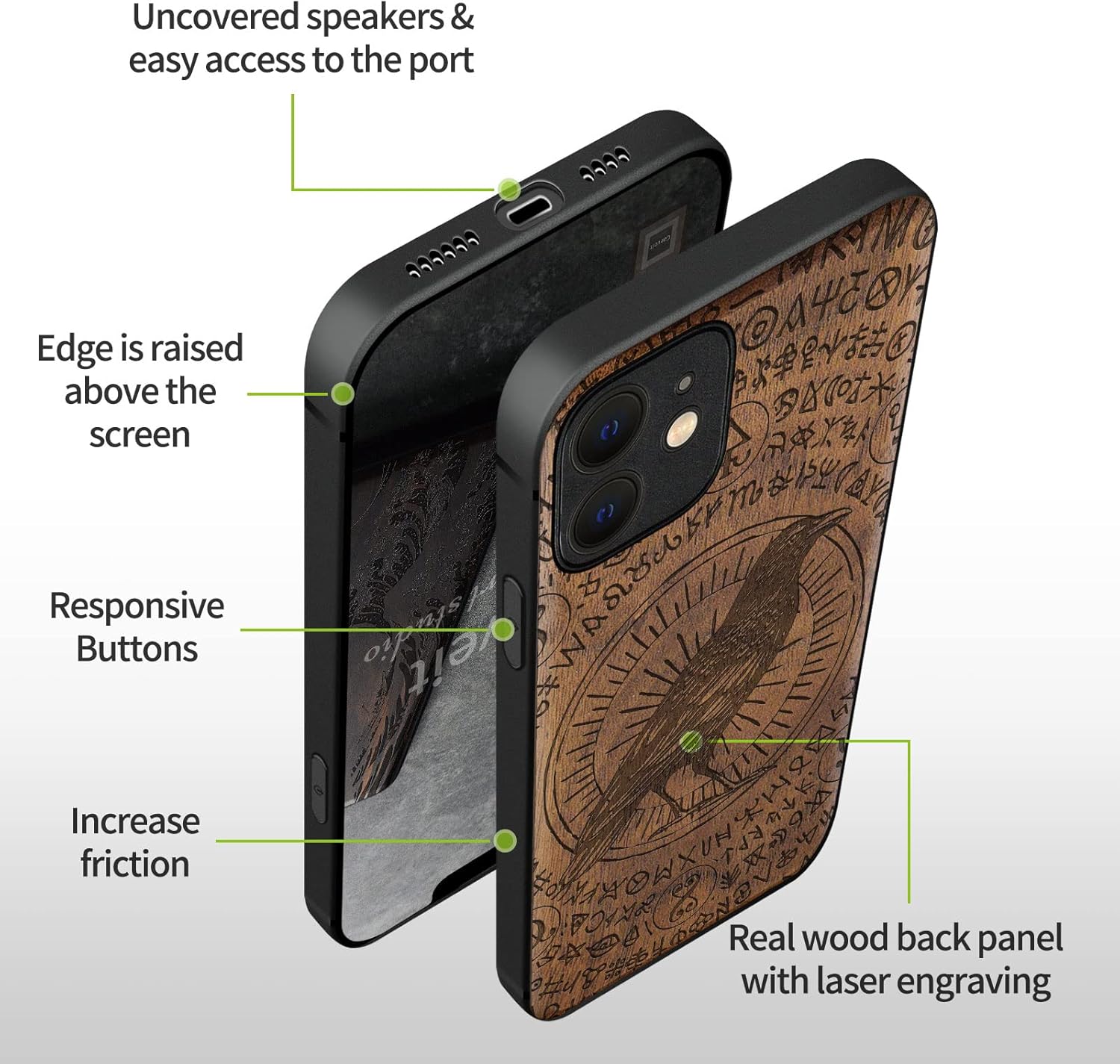 Carveit Funda magnética de madera para iPhone 12 madera natural y TPU suave negro a prueba de golpes, funda protectora única y elegante de madera