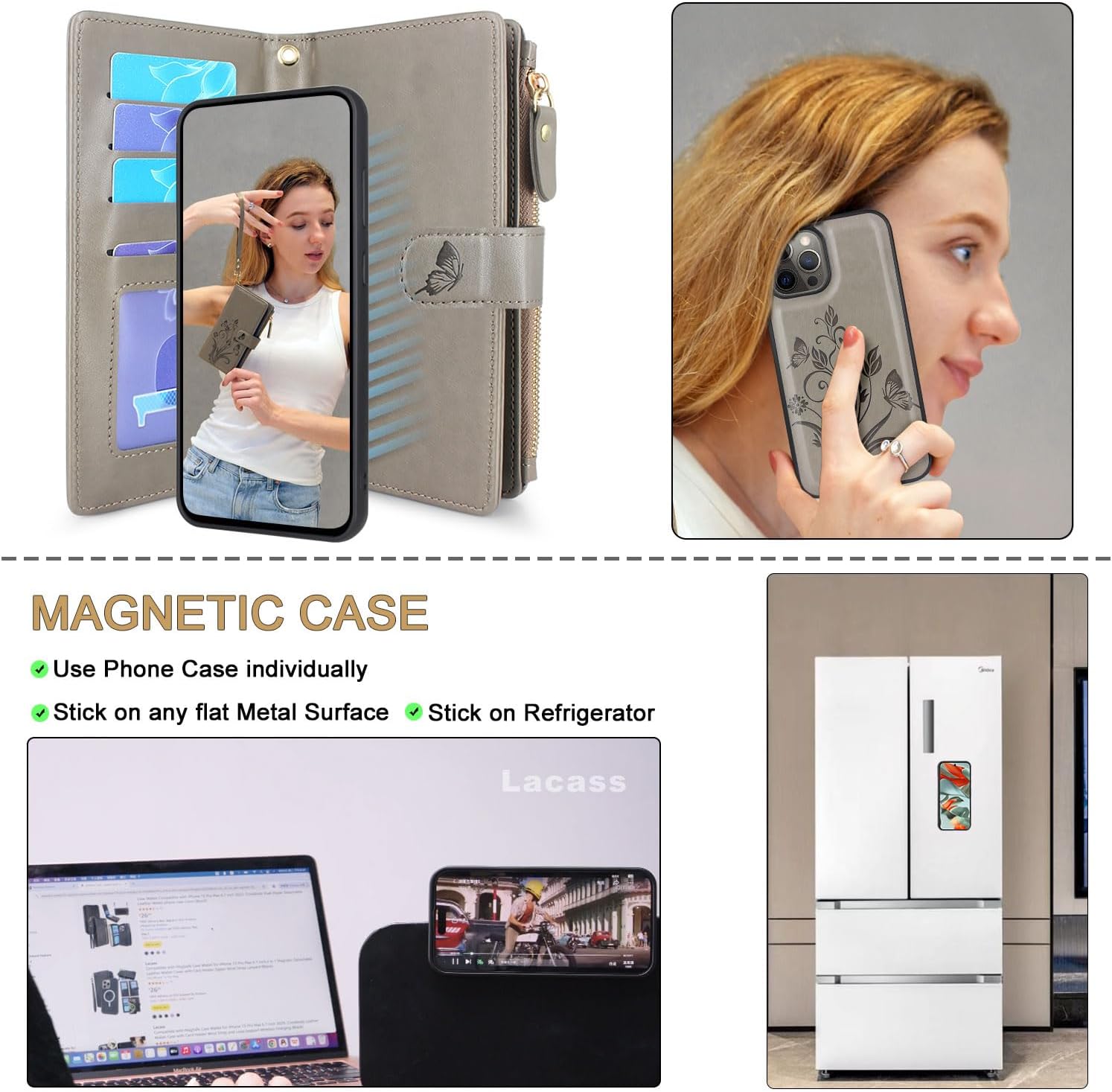 Lacass Funda compatible con iPhone 12 Pro Max 12 ranuras para tarjetas Funda para tarjetas de identificación y crédito, bolsillo con cremallera,