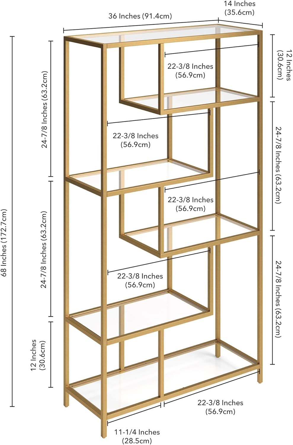 Isla – Estantería rectangular de 68 pulgadas de alto, color dorado