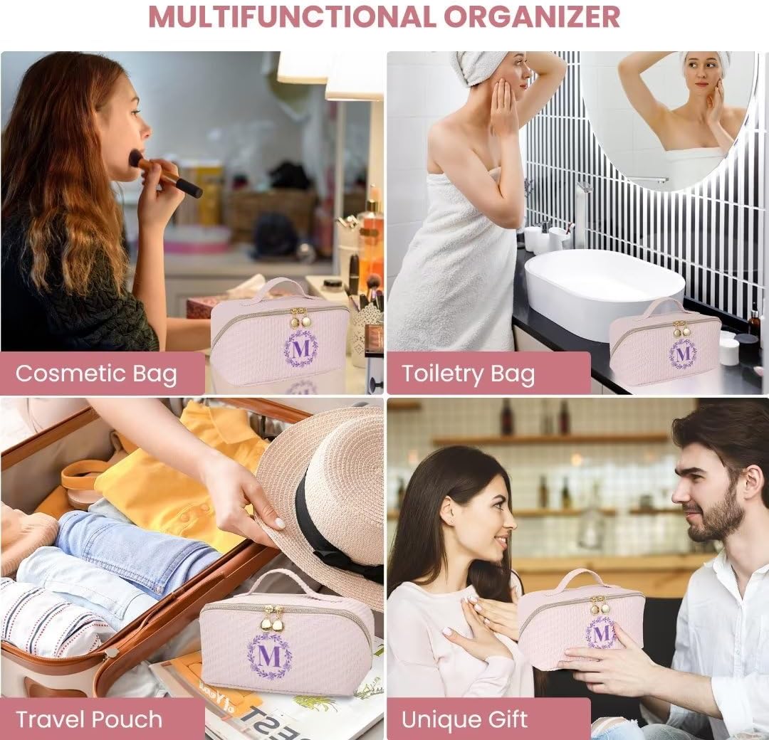 Bolsa de maquillaje, bolsa de maquillaje de viaje, bolsa de maquillaje portátil de piel sintética impermeable, organizador con asa y divisor bolsas