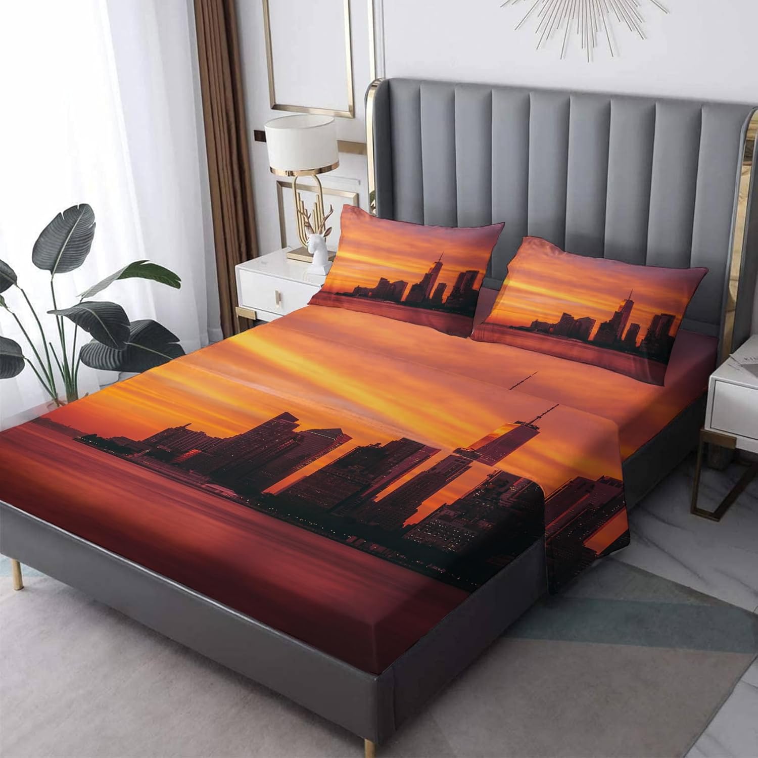New York Sheets K8-&-177 – Juego de sábanas y fundas de almohada, tamaño Queen, diseño de paisaje urbano de atardecer, 4 piezas, sábana bajera