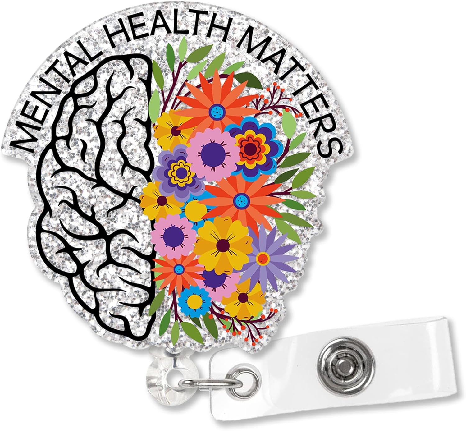 XQLZY Mental Health Matters – Carrete retráctil plateado con clip de cocodrilo y caja de regalo, divertido soporte para tarjeta de identificación de