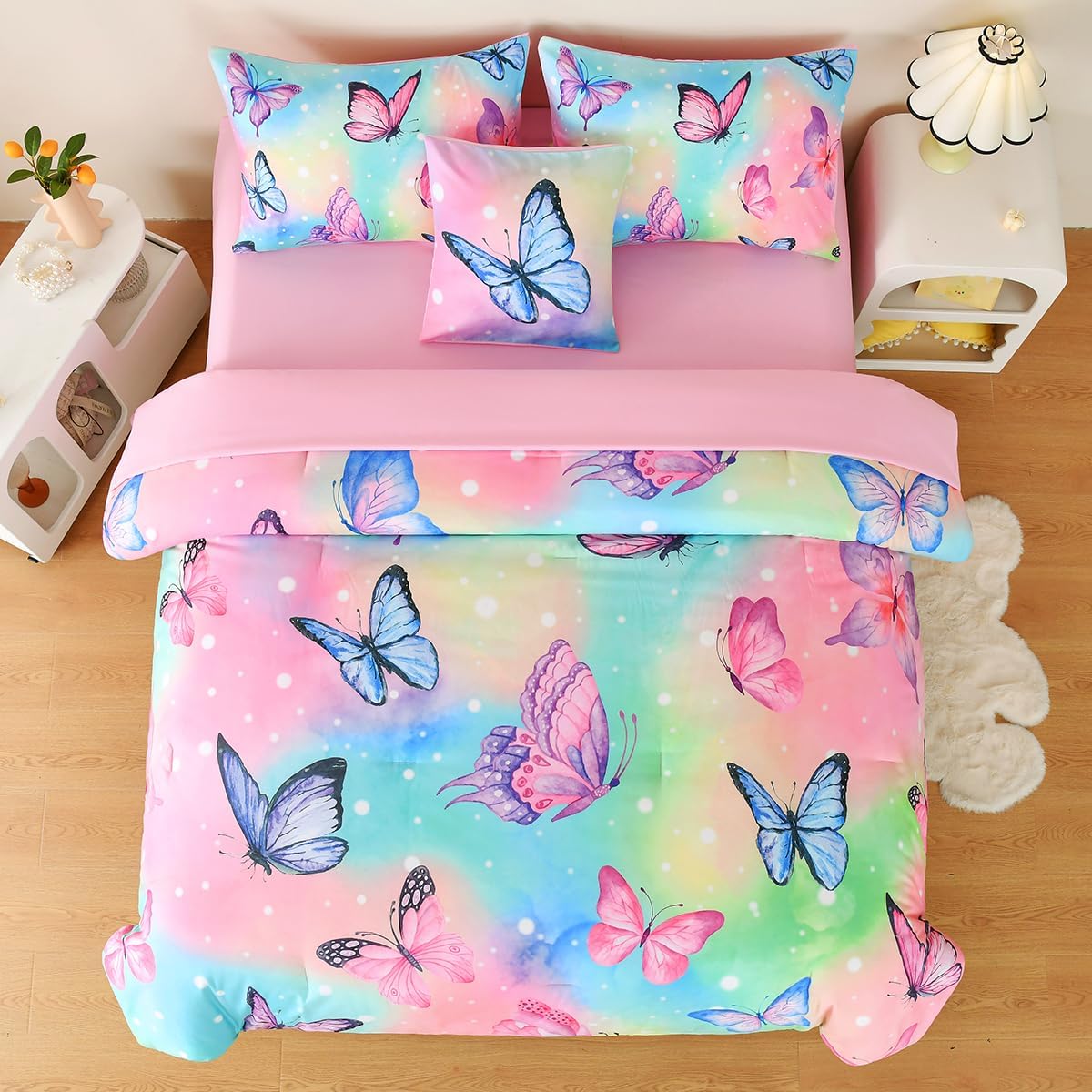 Tasselily Juego de ropa de cama de mariposa tamaño matrimonial, juego de edredón de mariposa rosa para niñas, niños y adolescentes, 6 piezas de cama