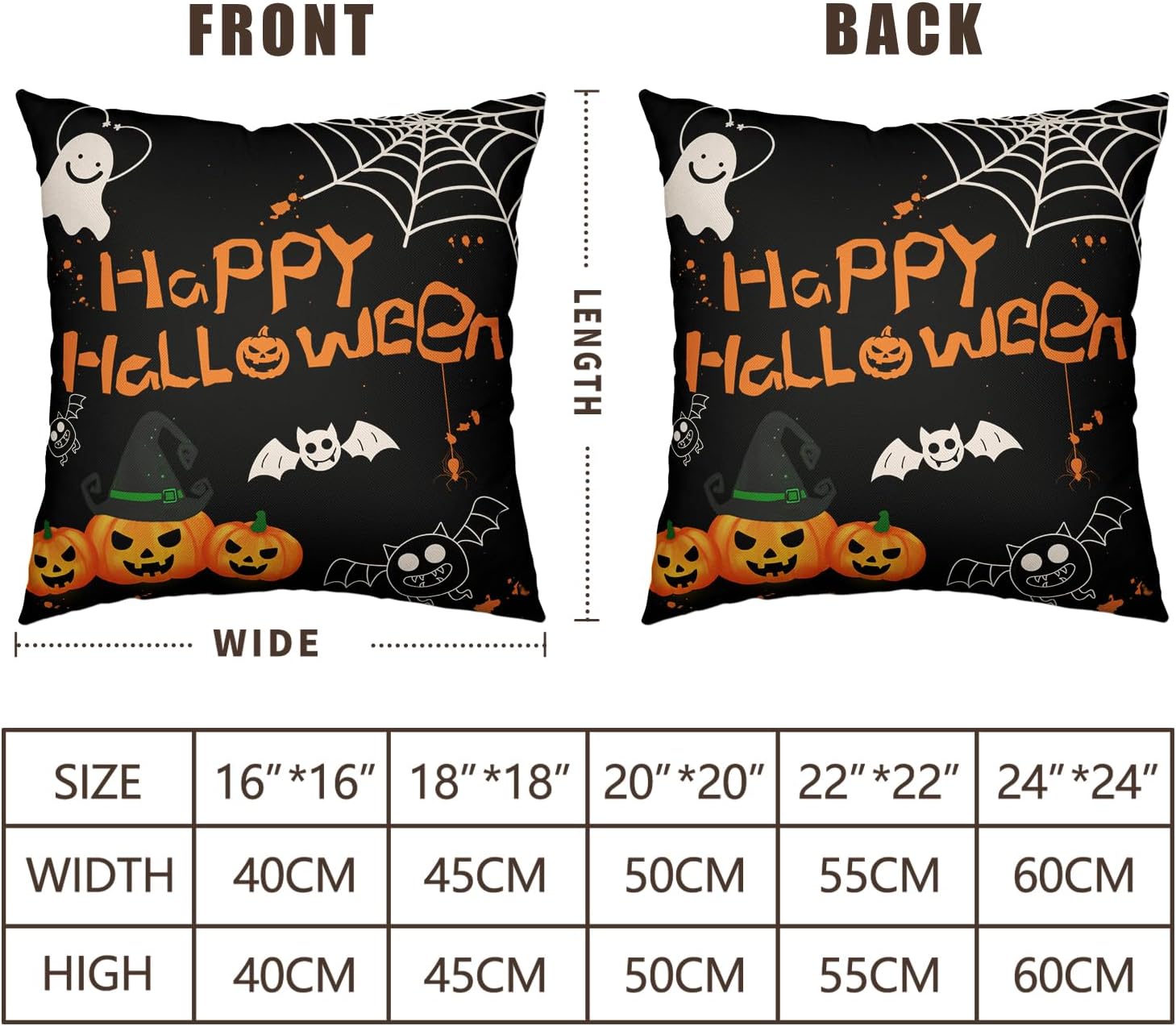 Fundas de almohada de Halloween de 16 x 16 pulgadas, protector de almohada de calabaza aterradora, murciélagos negros, bruja, juego de 2 fundas de