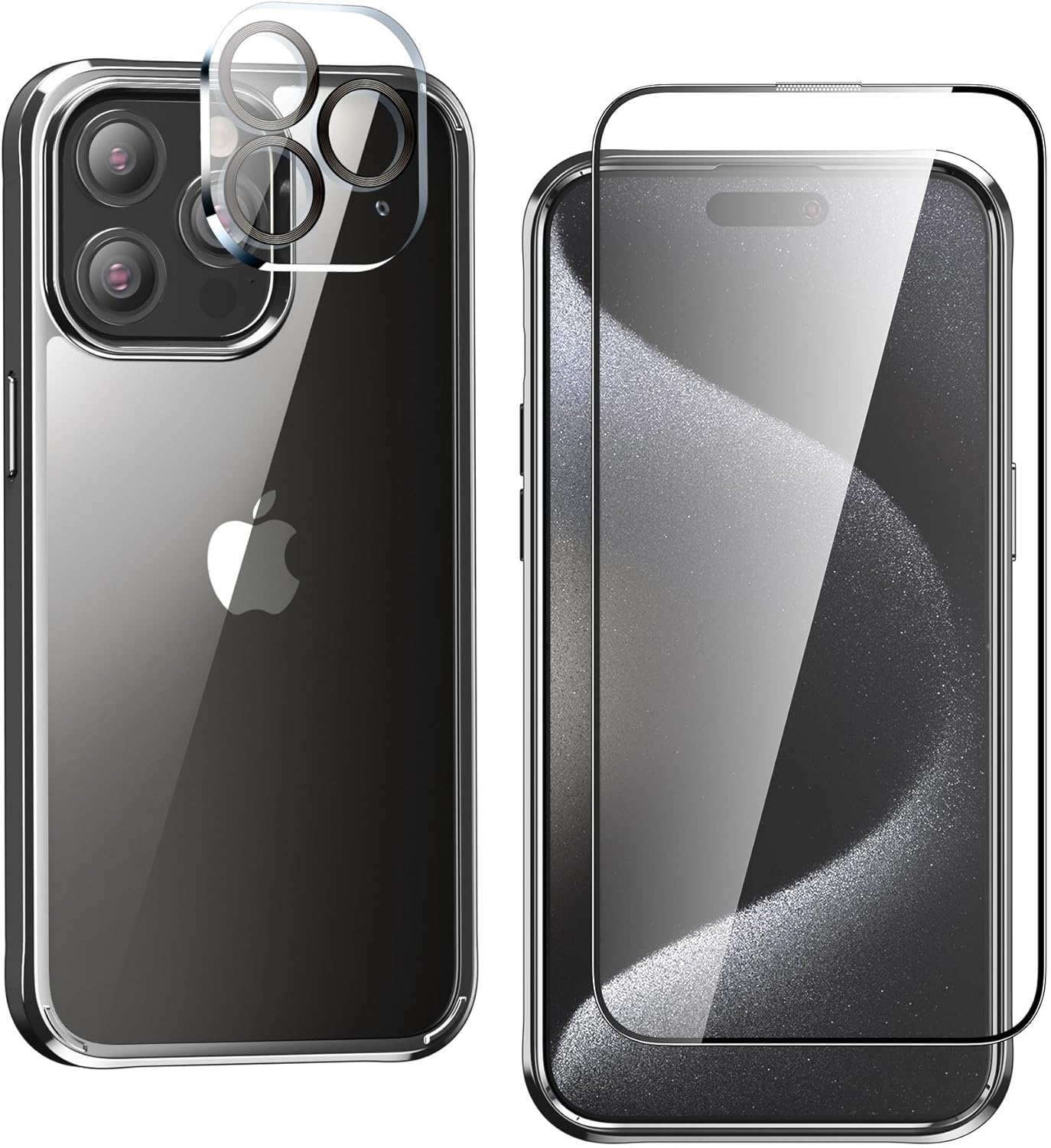 Foluu Funda ultradelgada para iPhone 15 Pro Max 2023 con protector de pantalla de vidrio templado y protector de lente de cámara, chapado duro