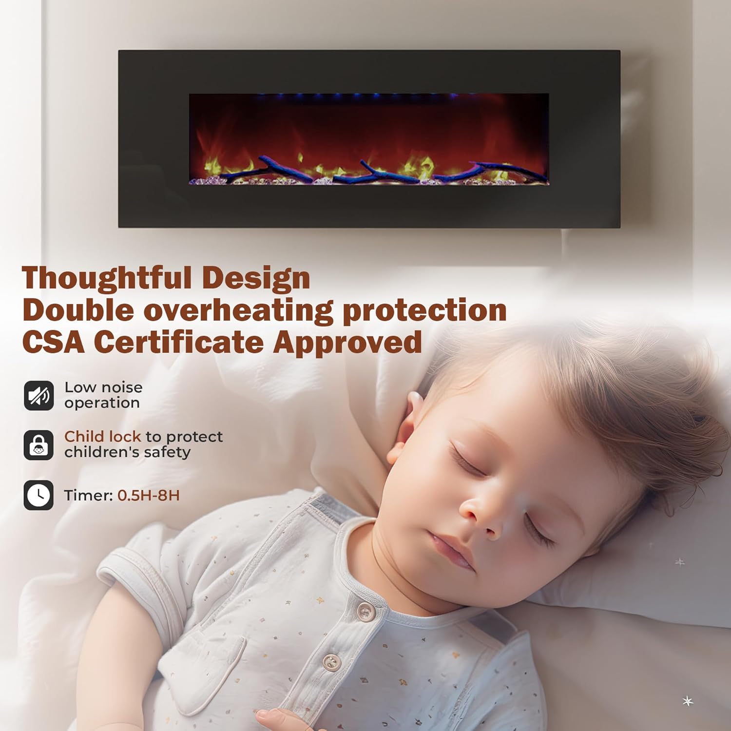 Chimenea eléctrica de 50 pulgadas con altavoces Bluetooth montada en la pared de bajo ruido ultra fina chimenea lineal ajustable 8 colores de llama,