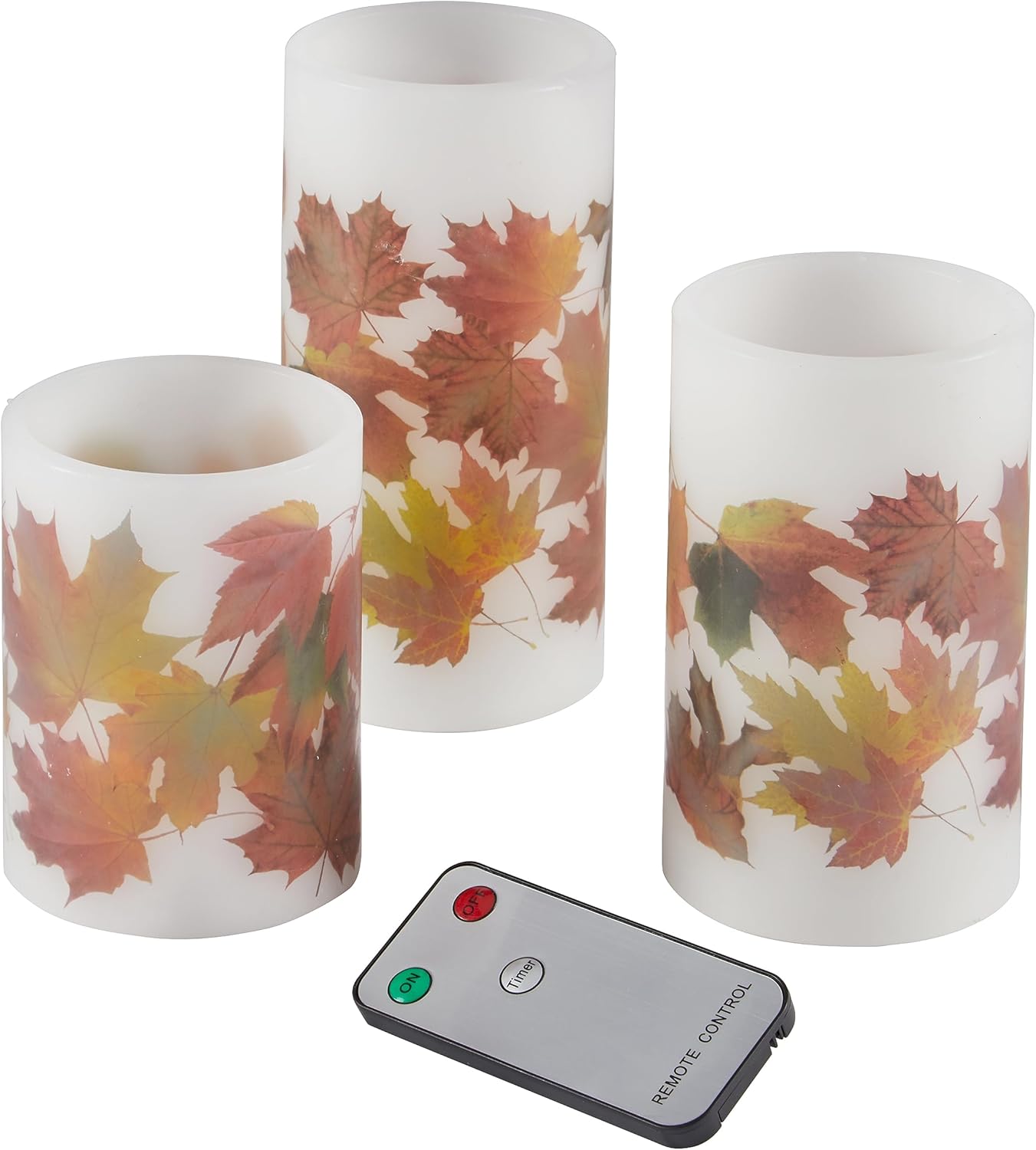 Lights4fun, Inc. – Juego de 3 velas de cera de hojas de otoño, funciona con pilas, sin llama, LED de Acción de Gracias con control remoto