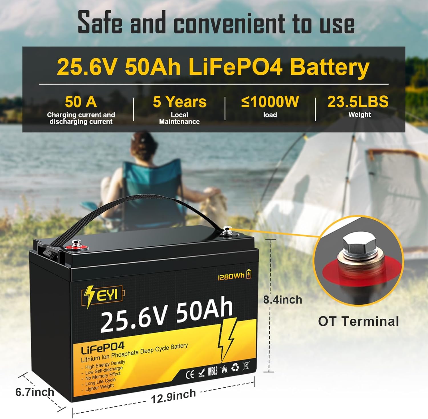 Batería de litio de 24 V 50 Ah LiFePO4, BMS de 50 A incorporada, 5000 ciclos profundos, perfecta para motor de arrastre, hogar solar, marino..