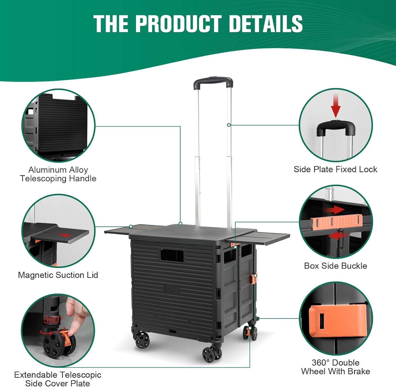 Foldable Utility Cart Folding Portable Rolling Crate with Magnetic Extended Lid,360Rotate Wheels,176LBS Load Capacity,Heavy Duty Durable Dolly Cart