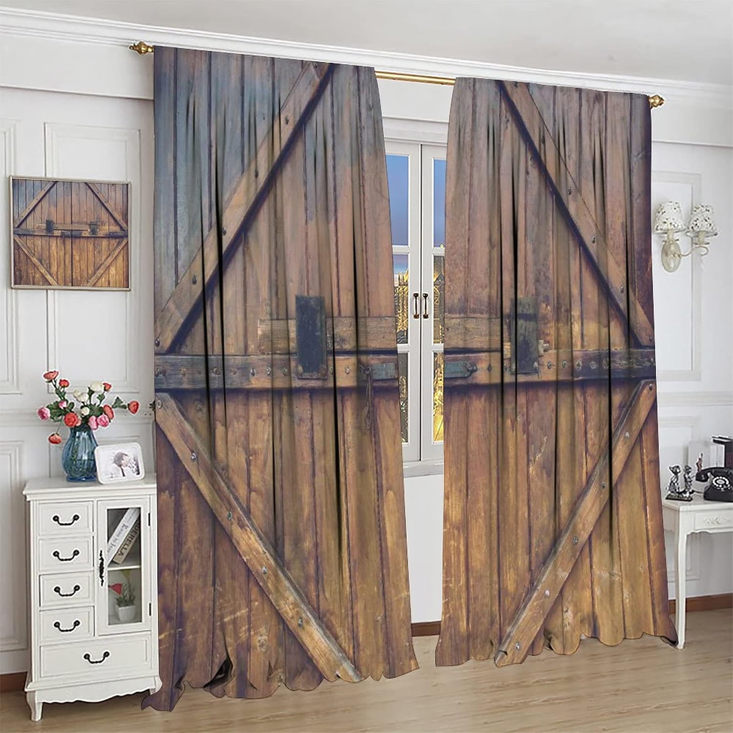 GY Cortinas opacas para dormitorio, puerta de granero de madera, oscurecimiento de habitación, aislamiento térmico, cortinas de tratamiento de