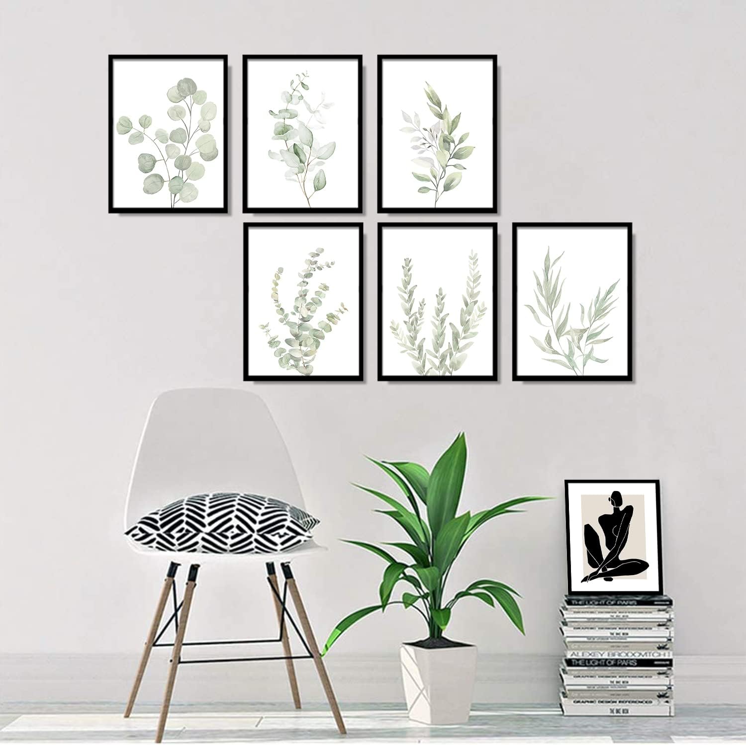 NCYEL Arte de pared con plantas botánicas, decoración bohemia para baño, impresiones artísticas de pared de hojas de eucalipto verde claro, arte de
