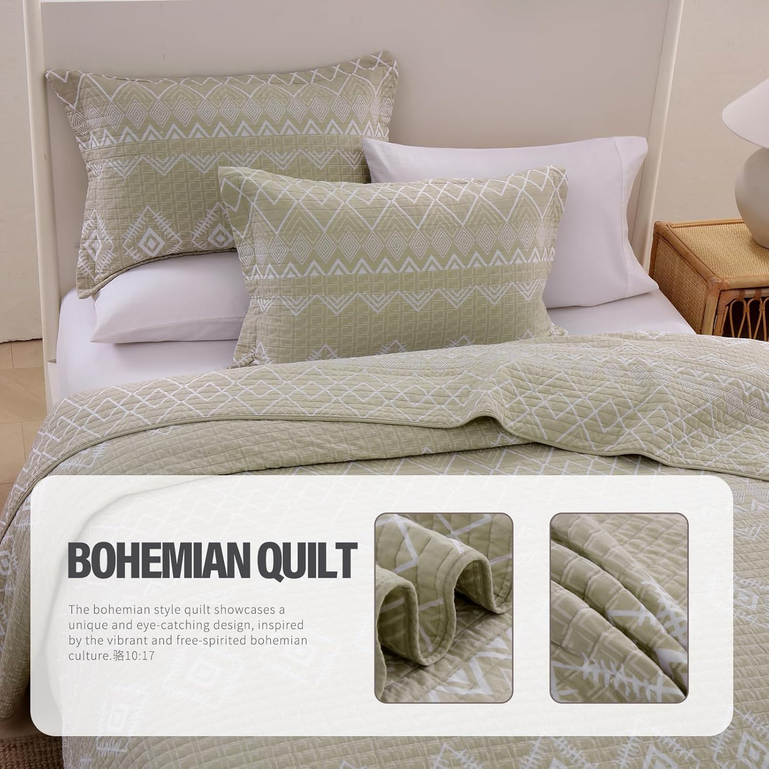 Juego de edredón bohemio tamaño King, 100% algodón, color beige, tamaño King, con 2 fundas de almohada, juego de cama ligero acolchado geométrico