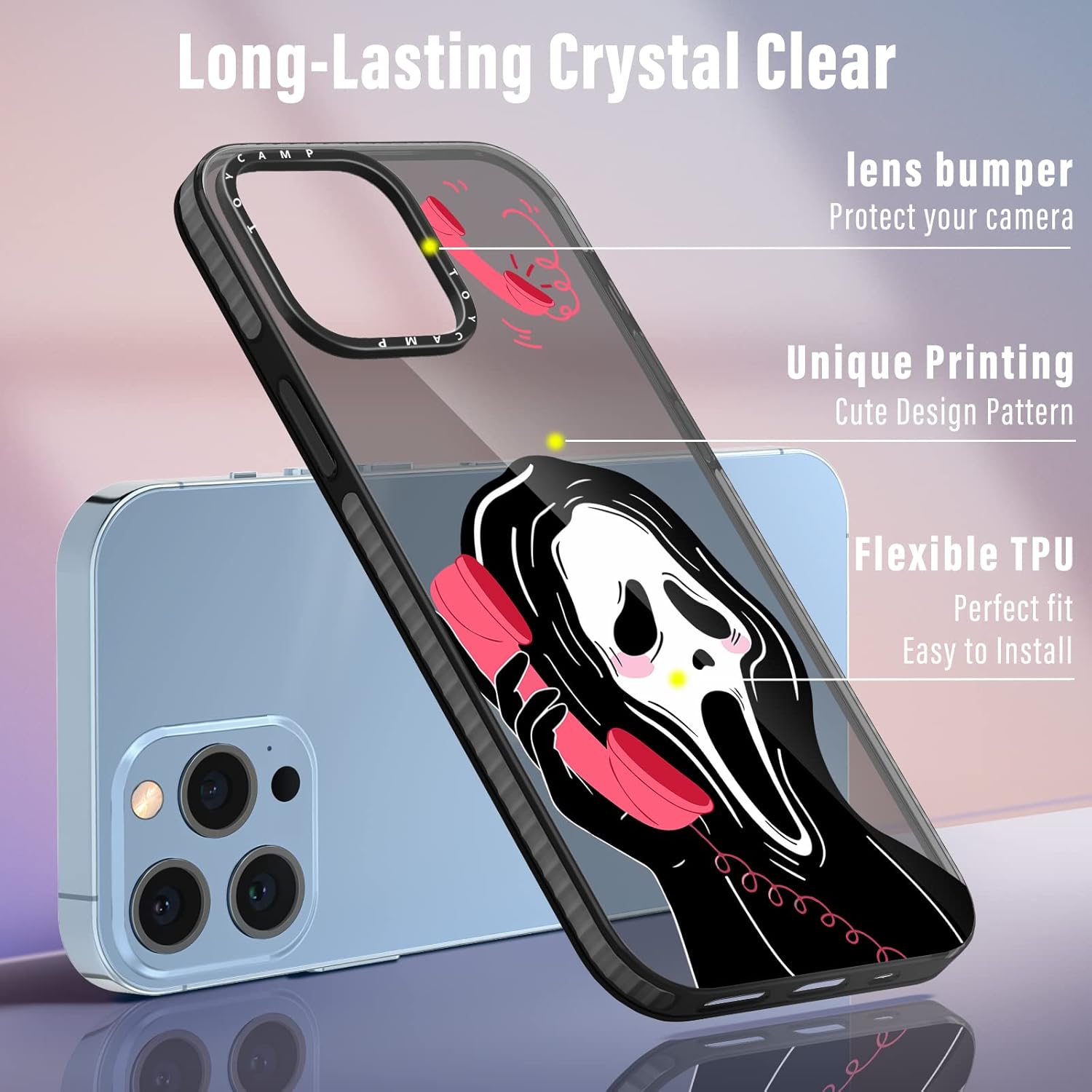 Toycamp Funda con diseño de calavera y esqueleto para iPhone 13 Pro, linda y divertida cubierta con estampado de cara negra
