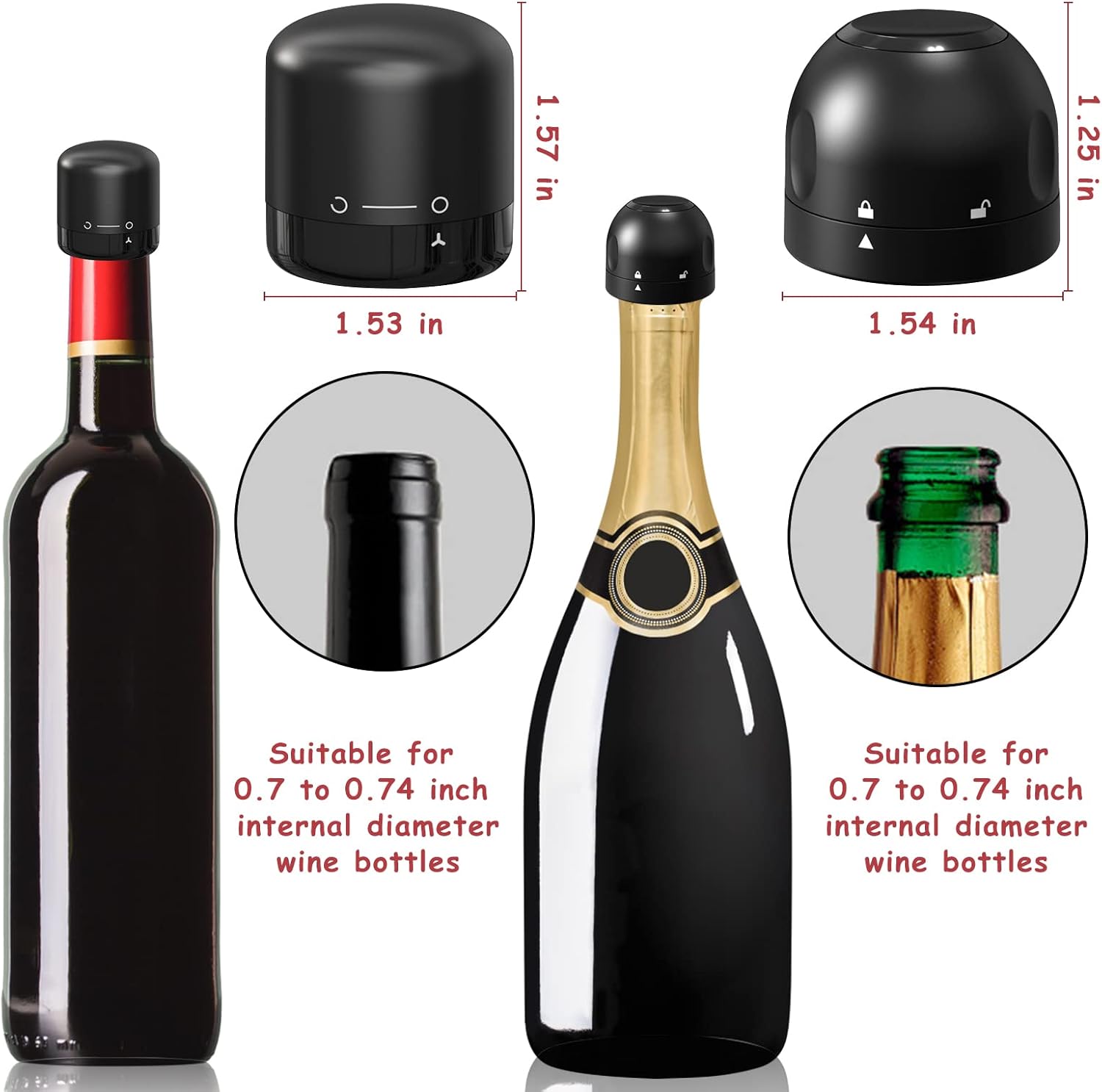 Juego de 4 tapones para vino, paquete de 2 tapones de champán, reutilizables, de plástico y silicona, color negro, a prueba de fugas, champaña y