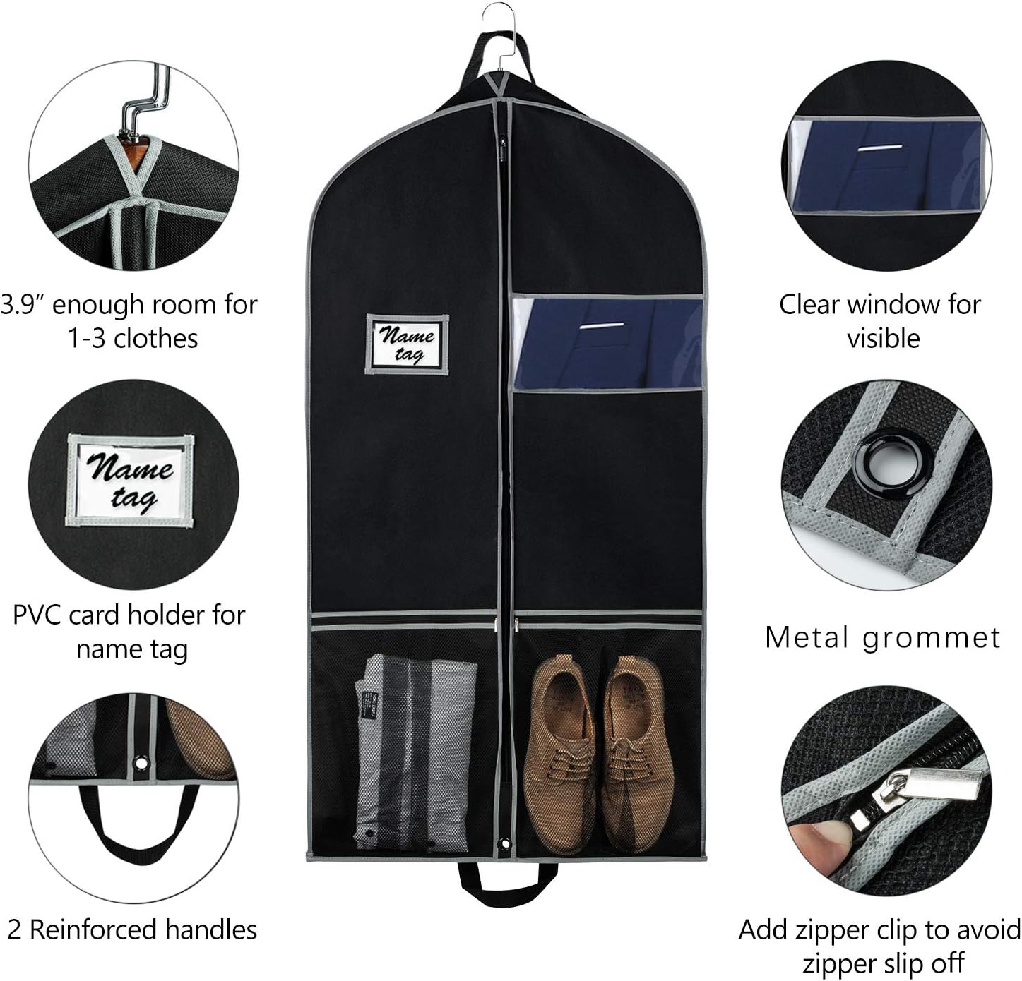 Zilink Bolsa de ropa para viaje de 43 pulgadas con bolsillos de malla, transpirable, para almacenamiento con tarjetero de PVC, color negro